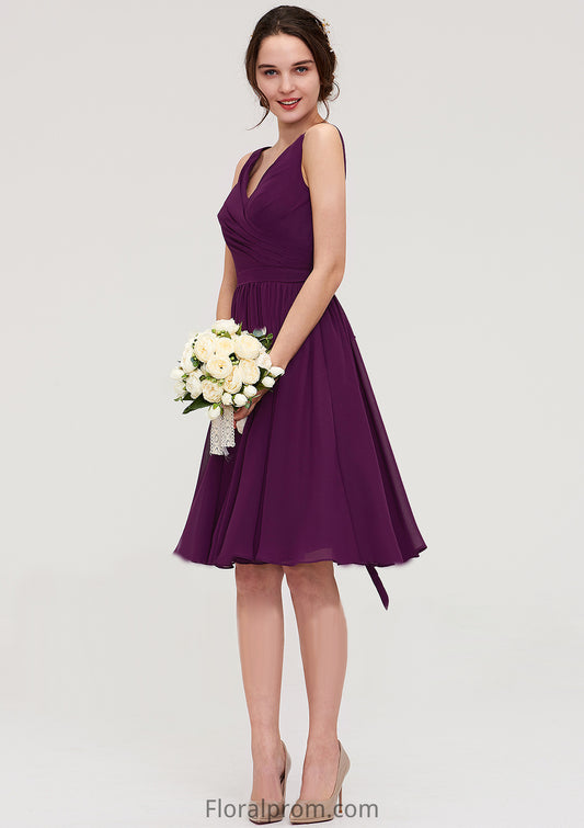 Sleeveless V Neck Chiffon A-line/Princess Knee-Length Bridesmaid Dresses With Pleated Mary HJP0025401