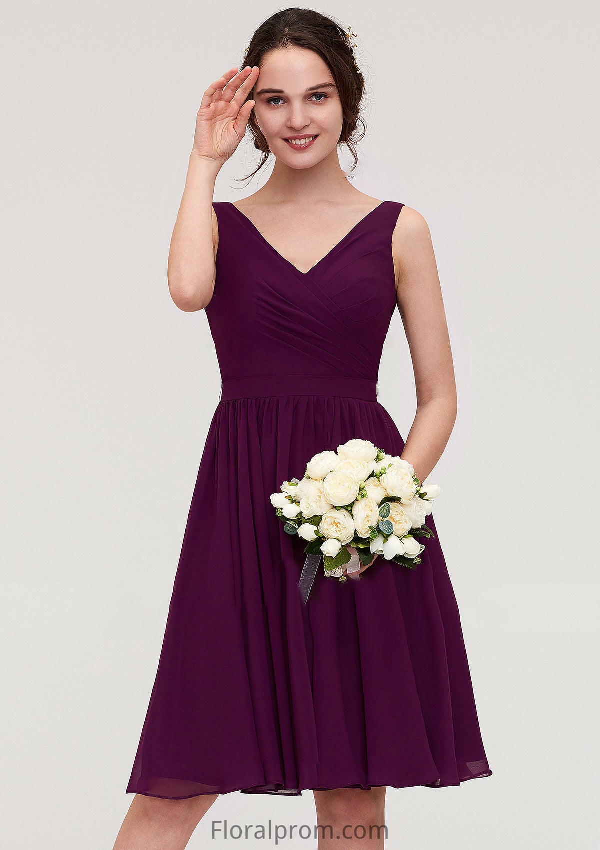 Sleeveless V Neck Chiffon A-line/Princess Knee-Length Bridesmaid Dresses With Pleated Mary HJP0025401