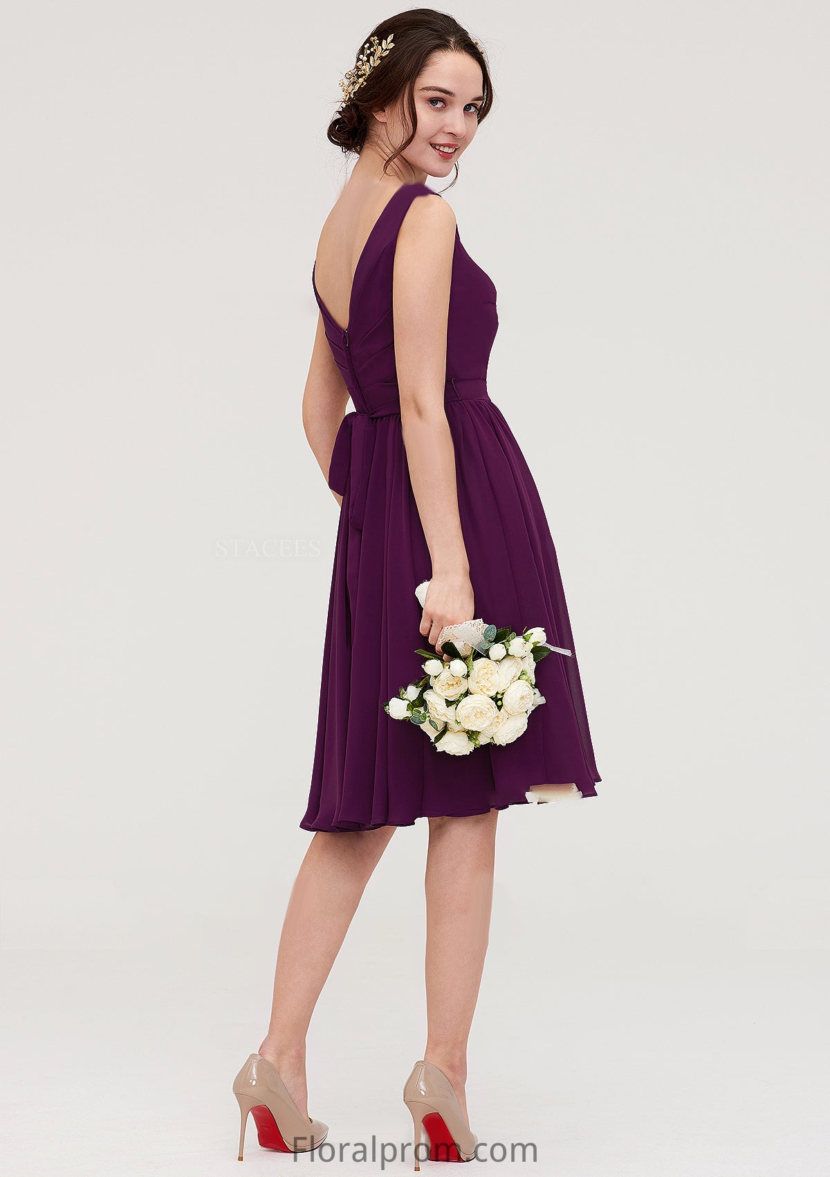 Sleeveless V Neck Chiffon A-line/Princess Knee-Length Bridesmaid Dresses With Pleated Mary HJP0025401