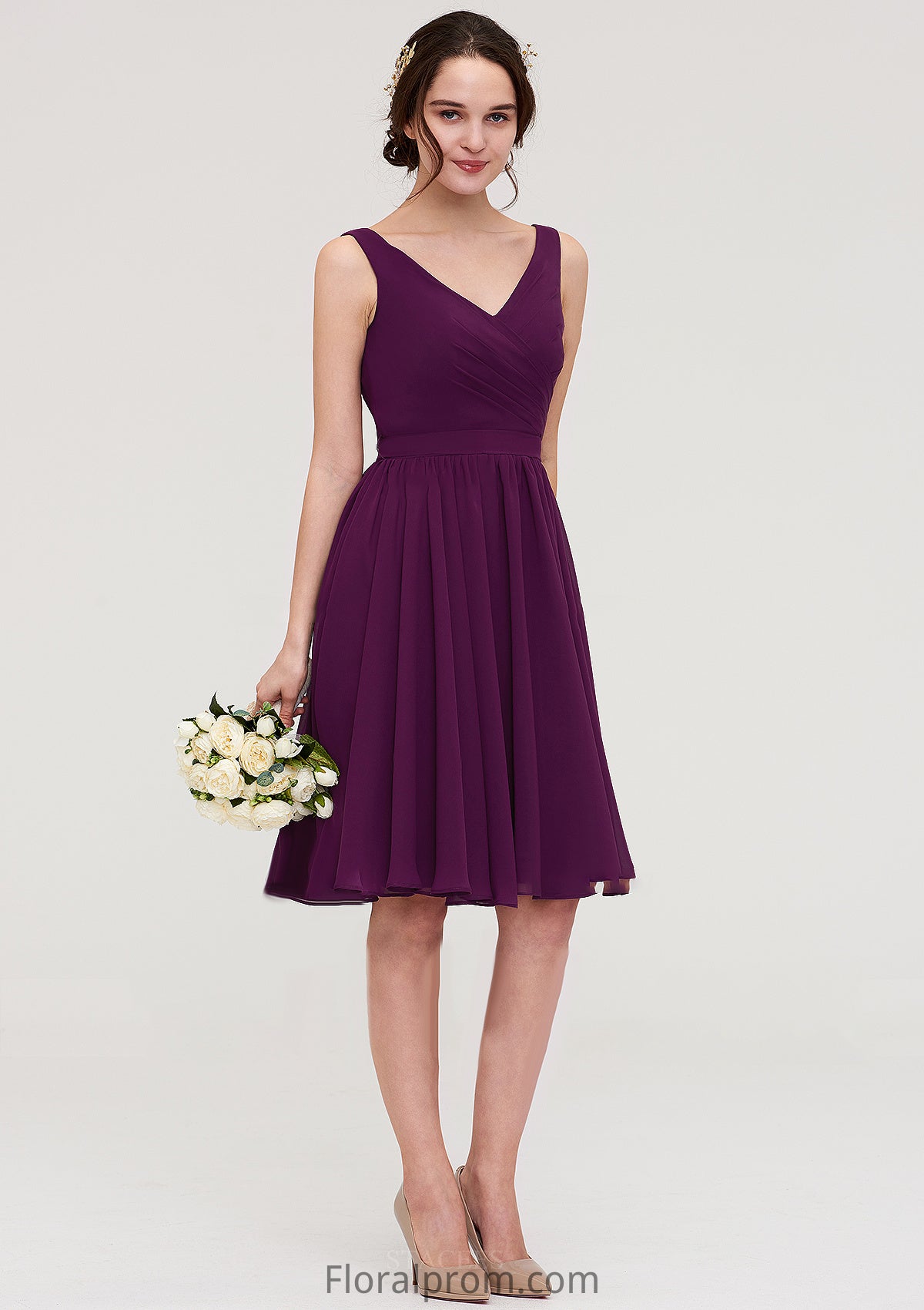 Sleeveless V Neck Chiffon A-line/Princess Knee-Length Bridesmaid Dresses With Pleated Mary HJP0025401