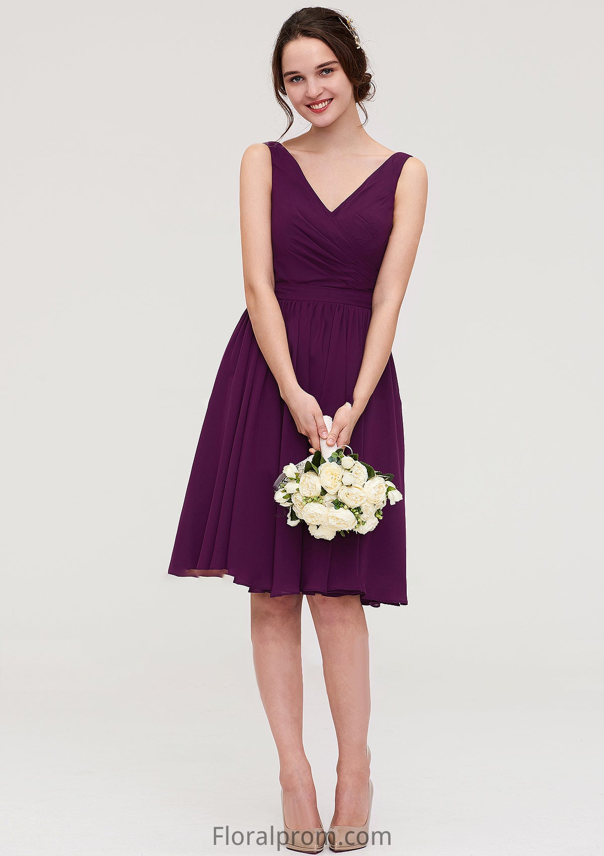 Sleeveless V Neck Chiffon A-line/Princess Knee-Length Bridesmaid Dresses With Pleated Mary HJP0025401