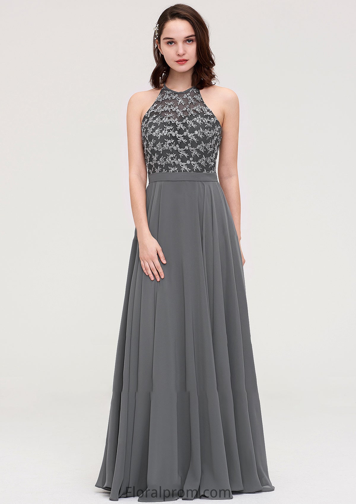 A-line/Princess Halter Long/Floor-Length Chiffon A-line/Princess Bridesmaid Dresses With Appliqued Maisie HJP0025402