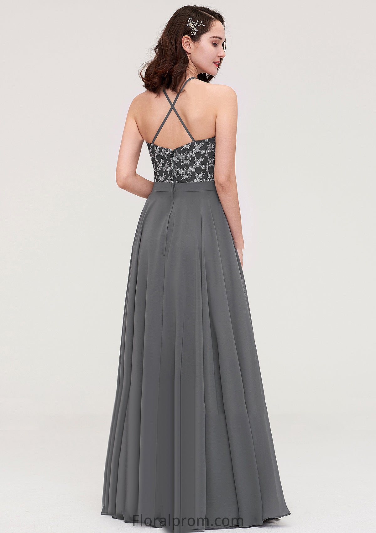 A-line/Princess Halter Long/Floor-Length Chiffon A-line/Princess Bridesmaid Dresses With Appliqued Maisie HJP0025402