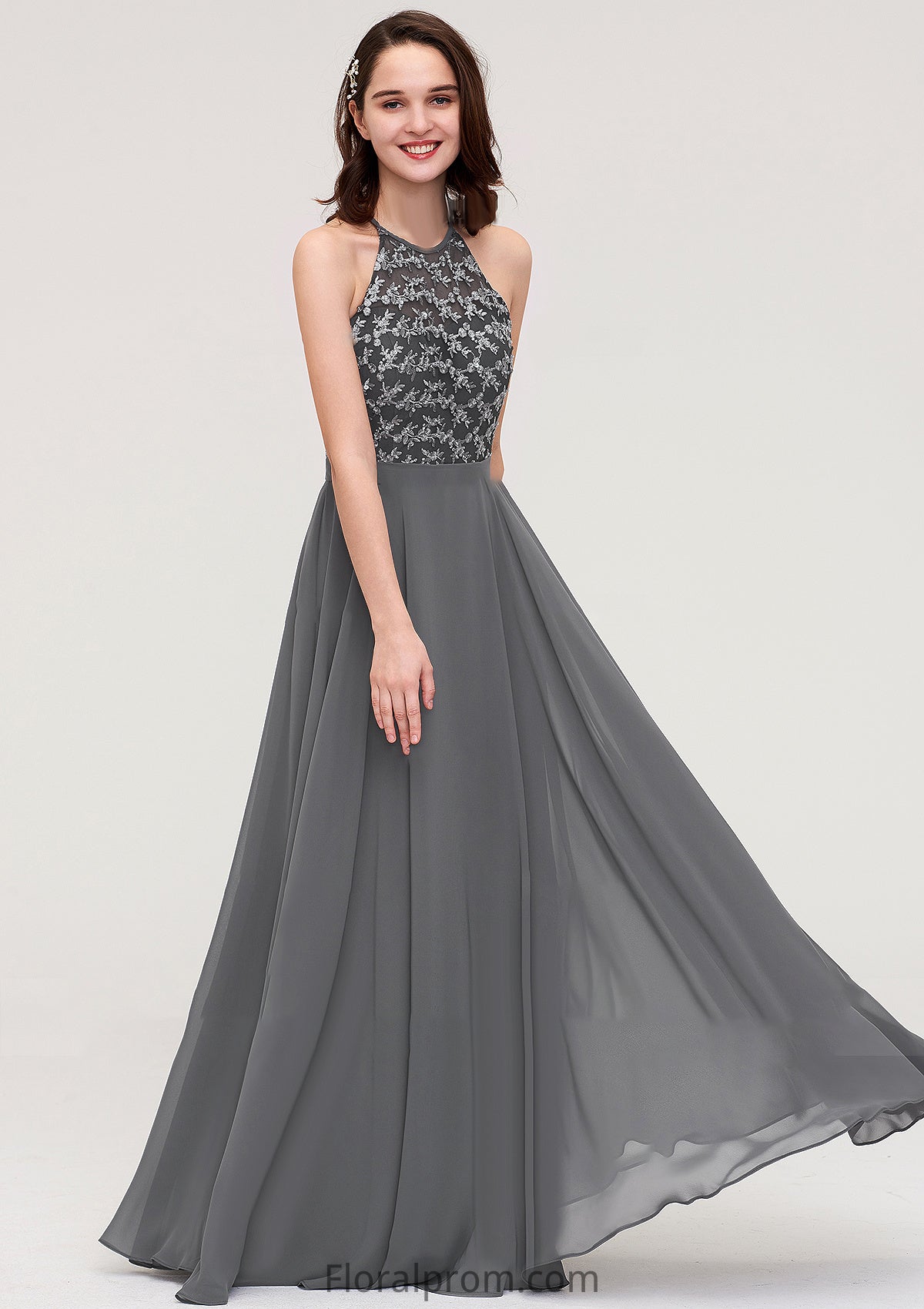 A-line/Princess Halter Long/Floor-Length Chiffon A-line/Princess Bridesmaid Dresses With Appliqued Maisie HJP0025402