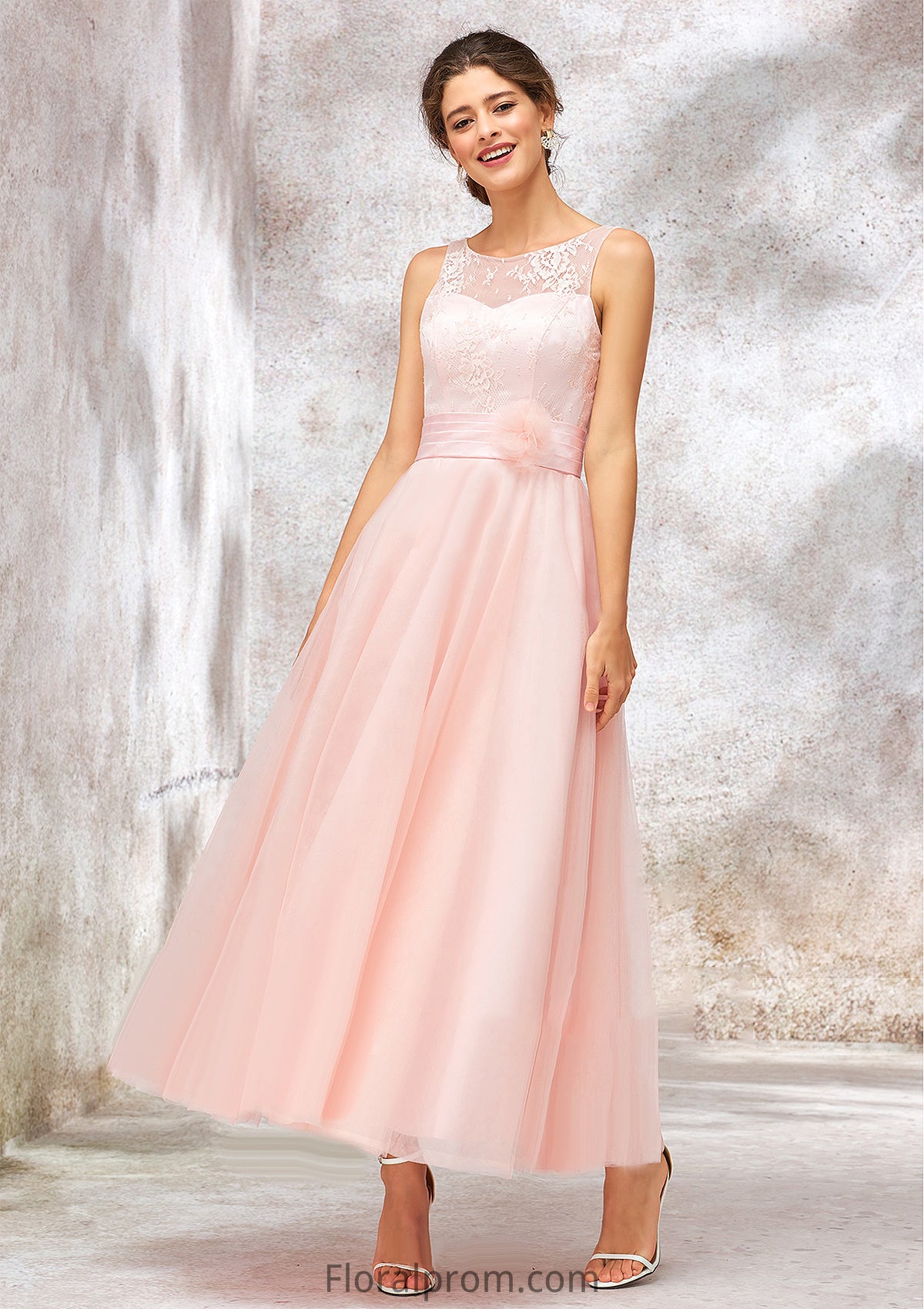 Bateau Sleeveless Tea-Length Tulle A-line/Princess Bridesmaid Dresses With Waistband Lace Katrina HJP0025403