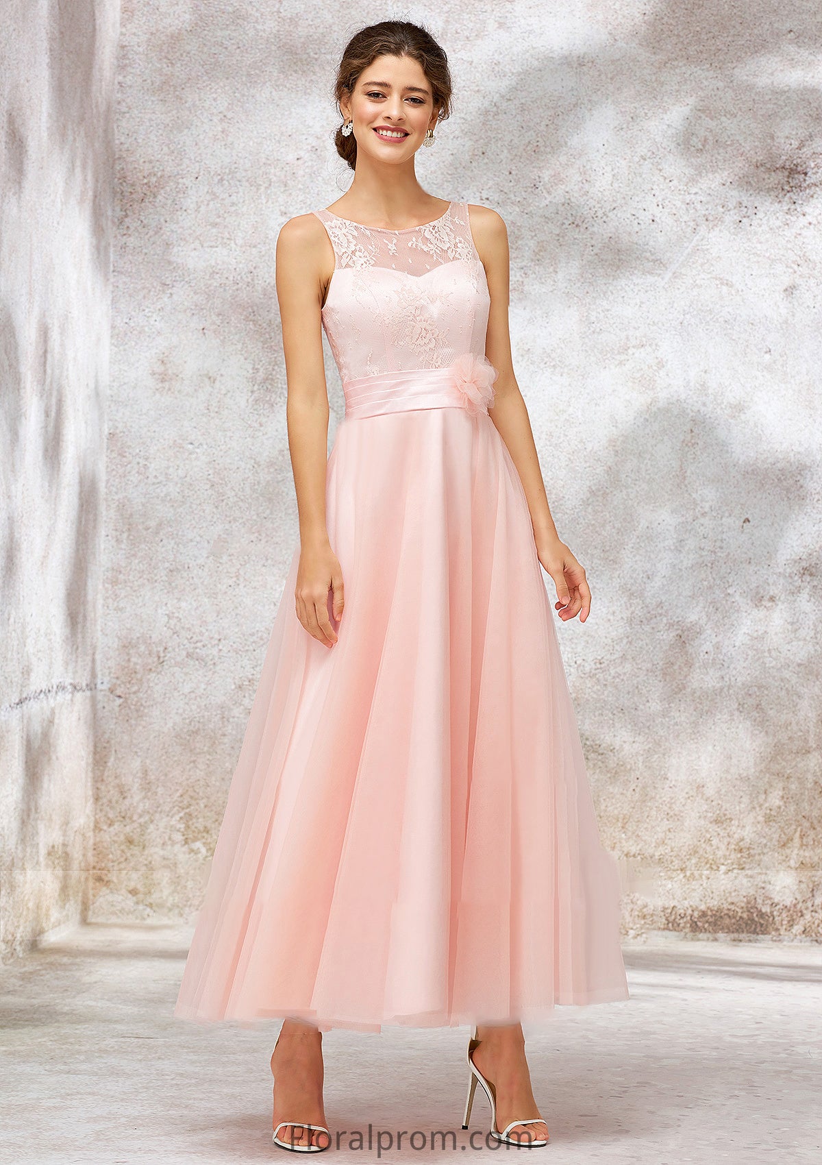 Bateau Sleeveless Tea-Length Tulle A-line/Princess Bridesmaid Dresses With Waistband Lace Katrina HJP0025403