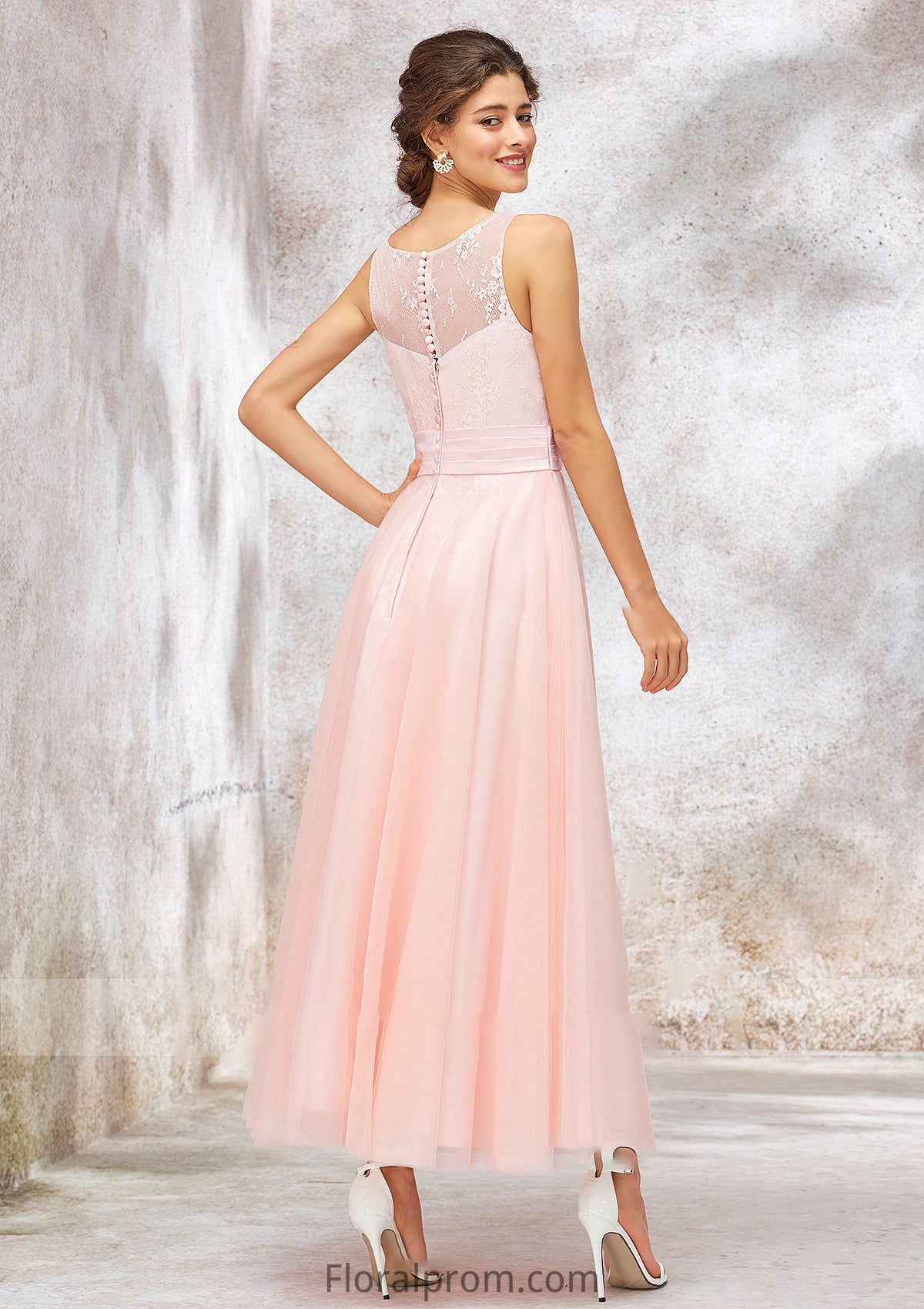 Bateau Sleeveless Tea-Length Tulle A-line/Princess Bridesmaid Dresses With Waistband Lace Katrina HJP0025403