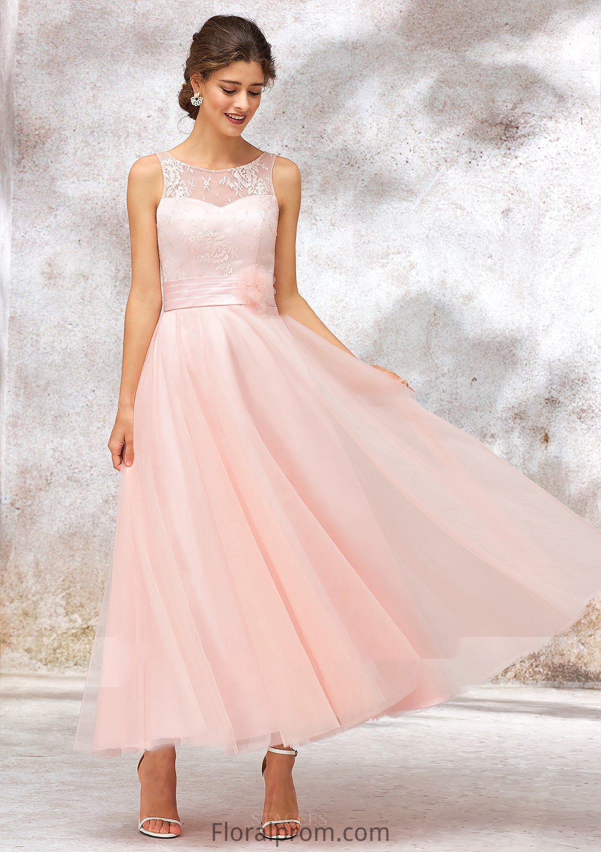 Bateau Sleeveless Tea-Length Tulle A-line/Princess Bridesmaid Dresses With Waistband Lace Katrina HJP0025403