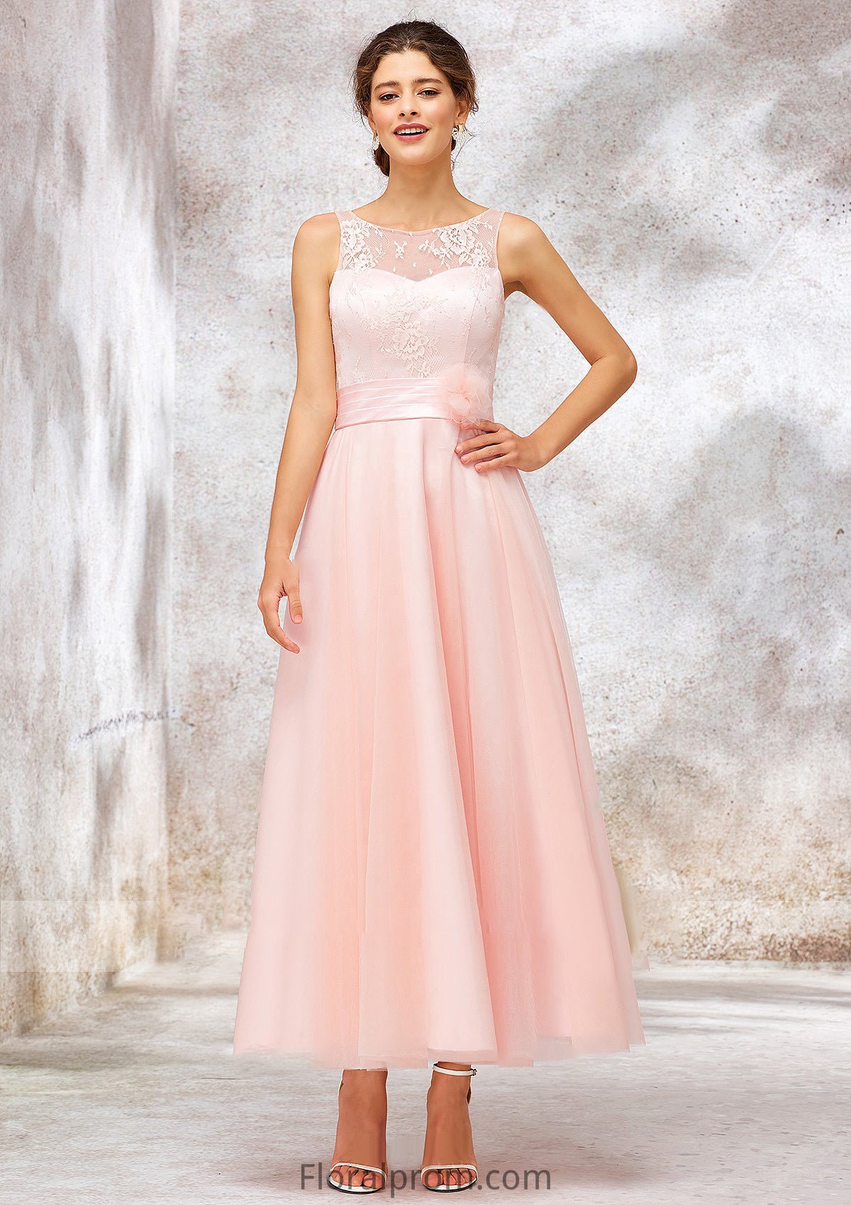 Bateau Sleeveless Tea-Length Tulle A-line/Princess Bridesmaid Dresses With Waistband Lace Katrina HJP0025403