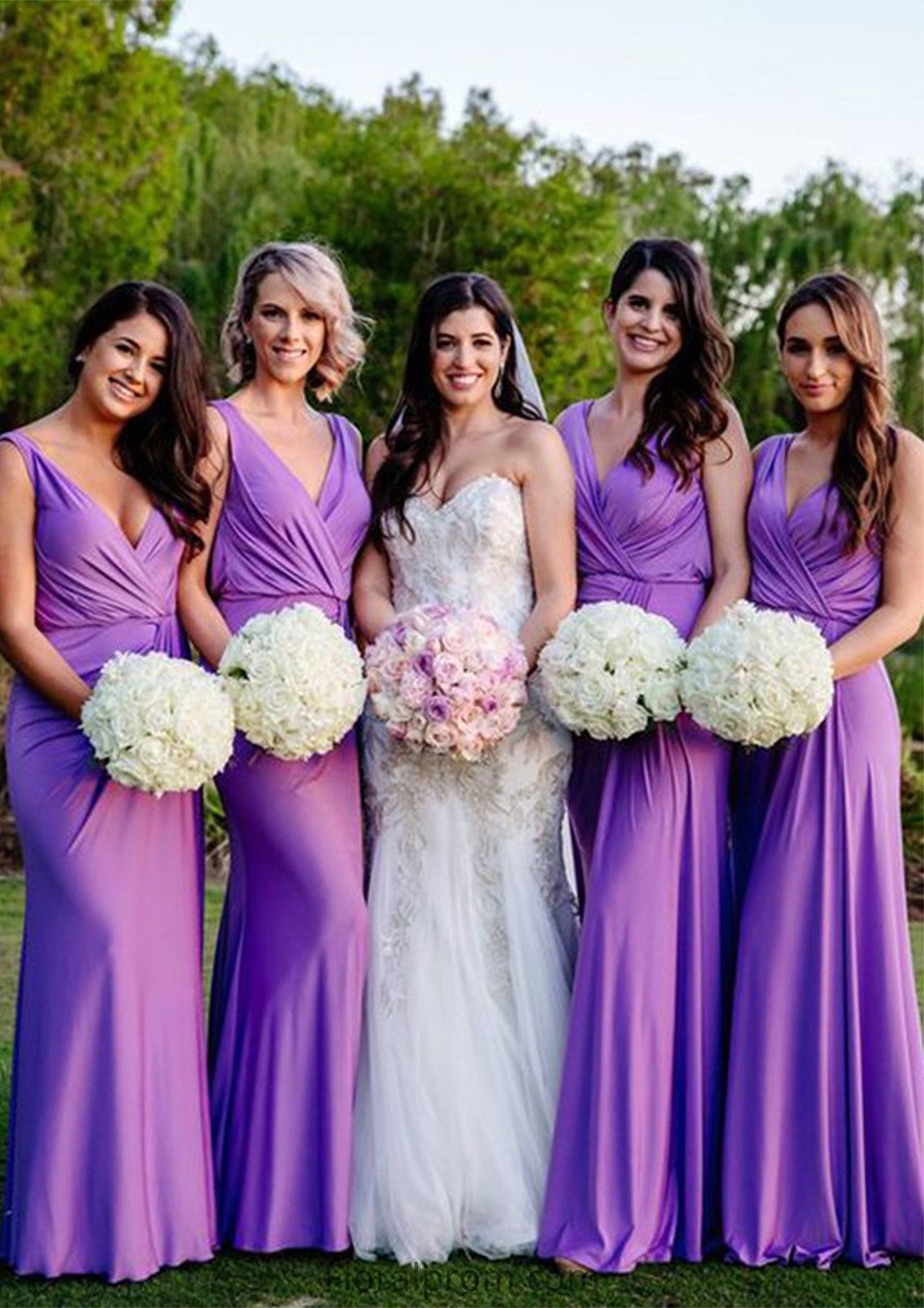 Sheath/Column V Neck Sleeveless Long/Floor-Length Jersey Bridesmaid Dresses With Pleated Amelie HJP0025404