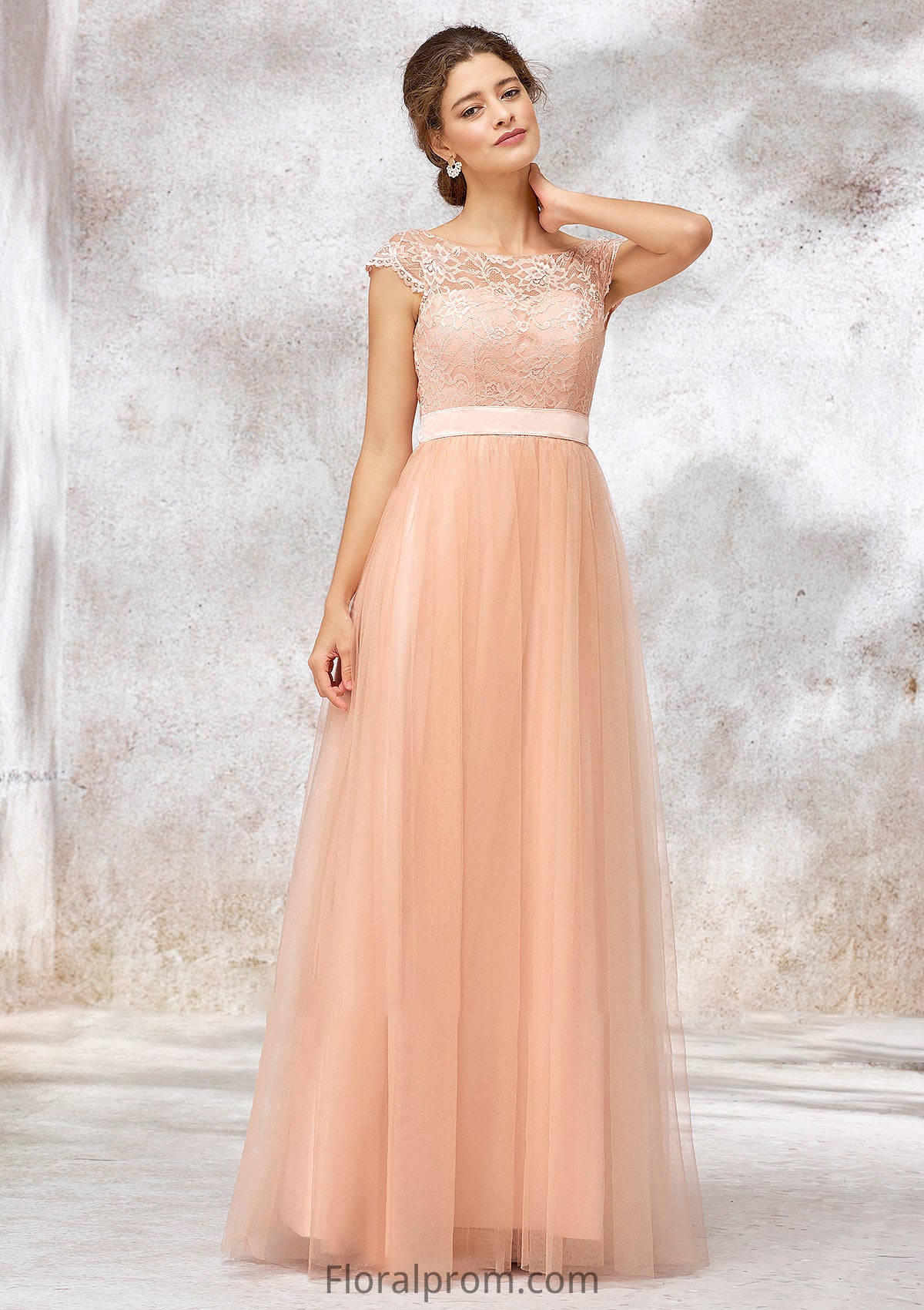 Sleeveless Bateau Long/Floor-Length Tulle A-line/Princess Bridesmaid Dresses With Sashes Lace Paula HJP0025405