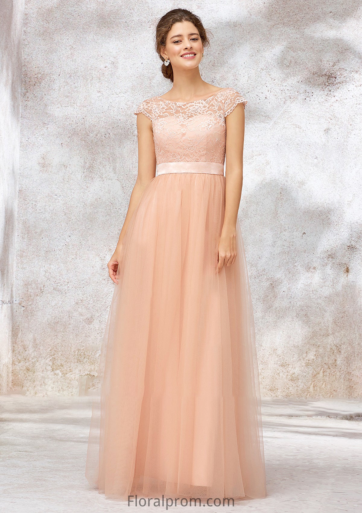 Sleeveless Bateau Long/Floor-Length Tulle A-line/Princess Bridesmaid Dresses With Sashes Lace Paula HJP0025405