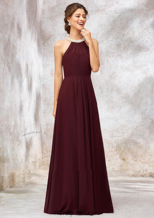 Sleeveless Scoop Neck Long/Floor-Length Chiffon A-line/Princess Bridesmaid Dresses With Pleated Beading Amira HJP0025406