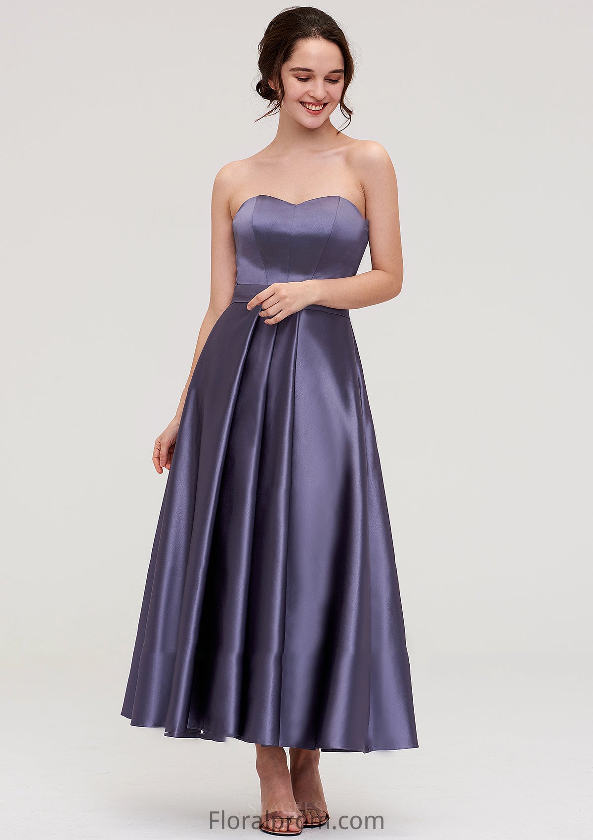 Sweetheart Sleeveless A-line/Princess Satin Ankle-Length Bridesmaid Dresses With Pleated Emelia HJP0025408