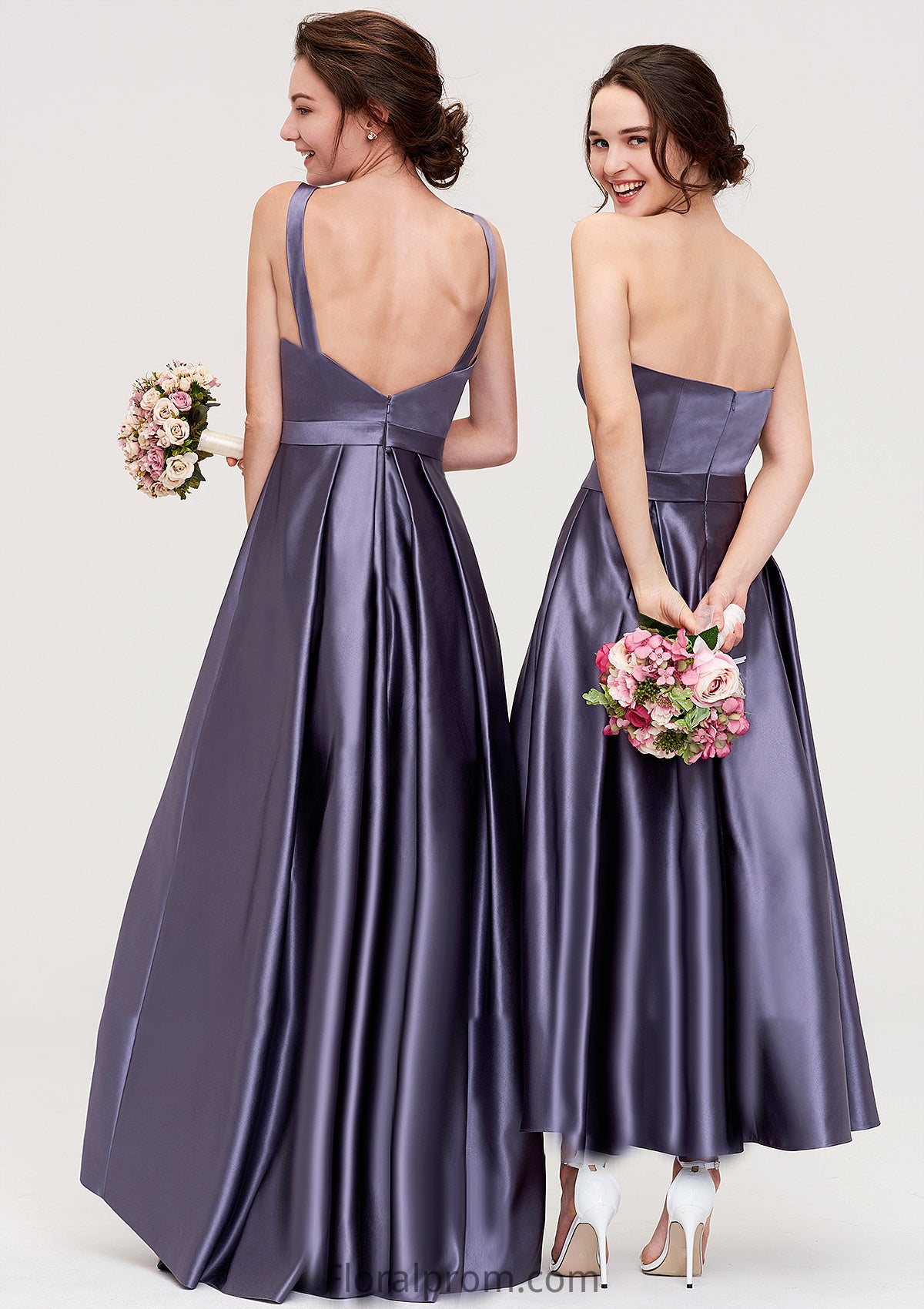 Sweetheart Sleeveless A-line/Princess Satin Ankle-Length Bridesmaid Dresses With Pleated Emelia HJP0025408