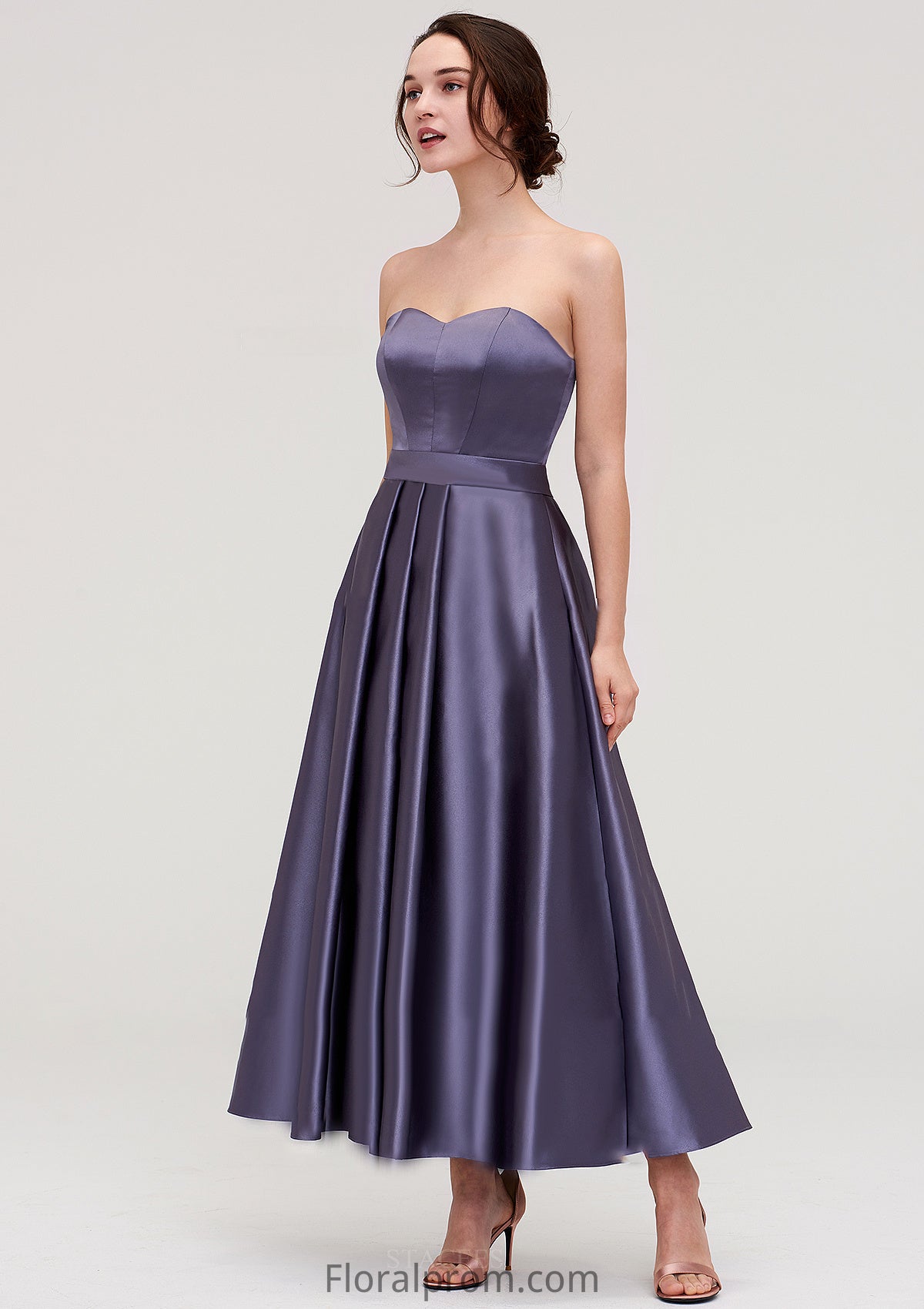 Sweetheart Sleeveless A-line/Princess Satin Ankle-Length Bridesmaid Dresses With Pleated Emelia HJP0025408