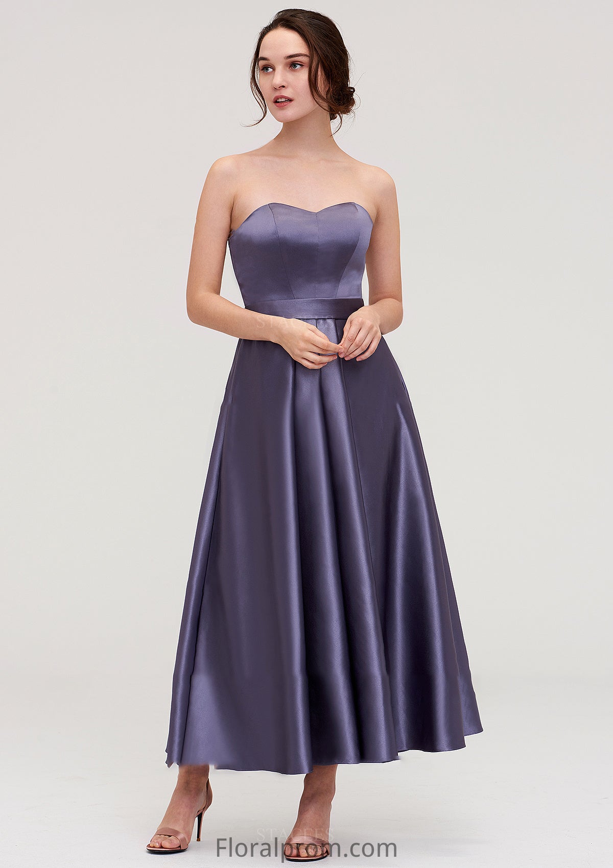 Sweetheart Sleeveless A-line/Princess Satin Ankle-Length Bridesmaid Dresses With Pleated Emelia HJP0025408