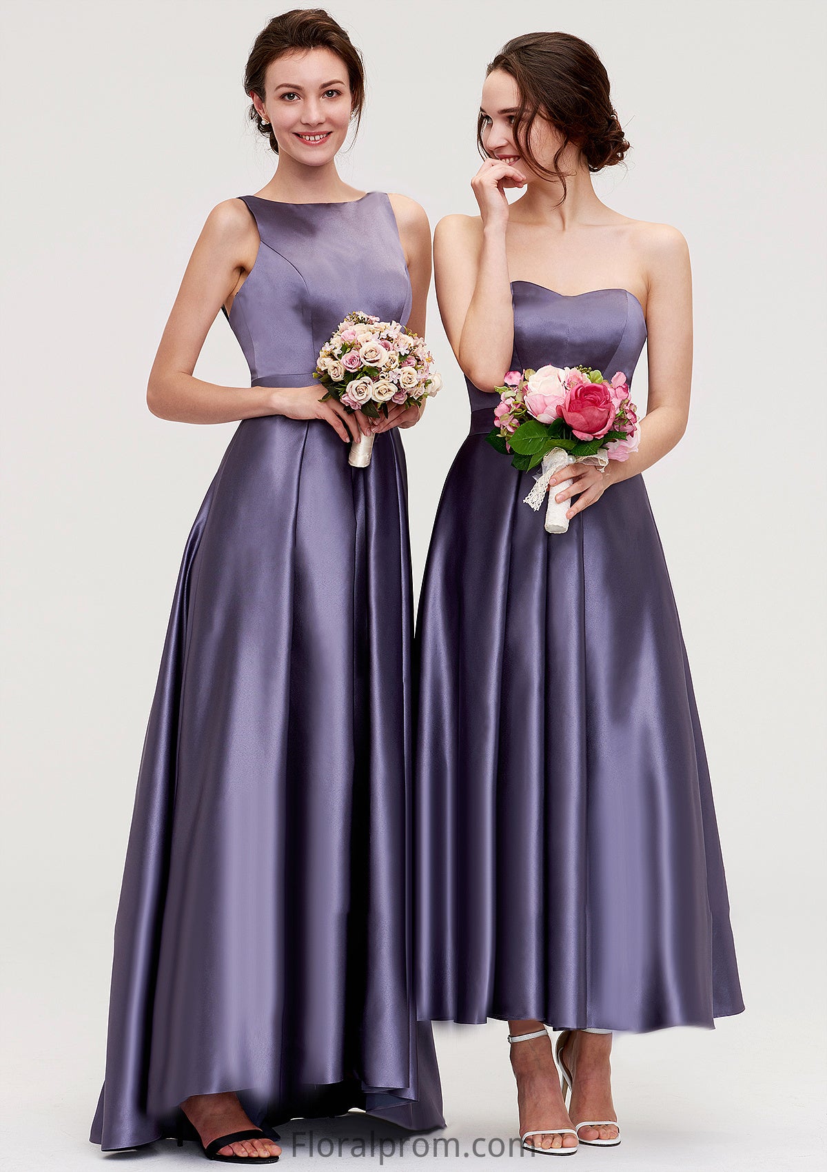 Sleeveless Bateau Ankle-Length Satin A-line/Princess Bridesmaid Dresses With Pleated Princess HJP0025409