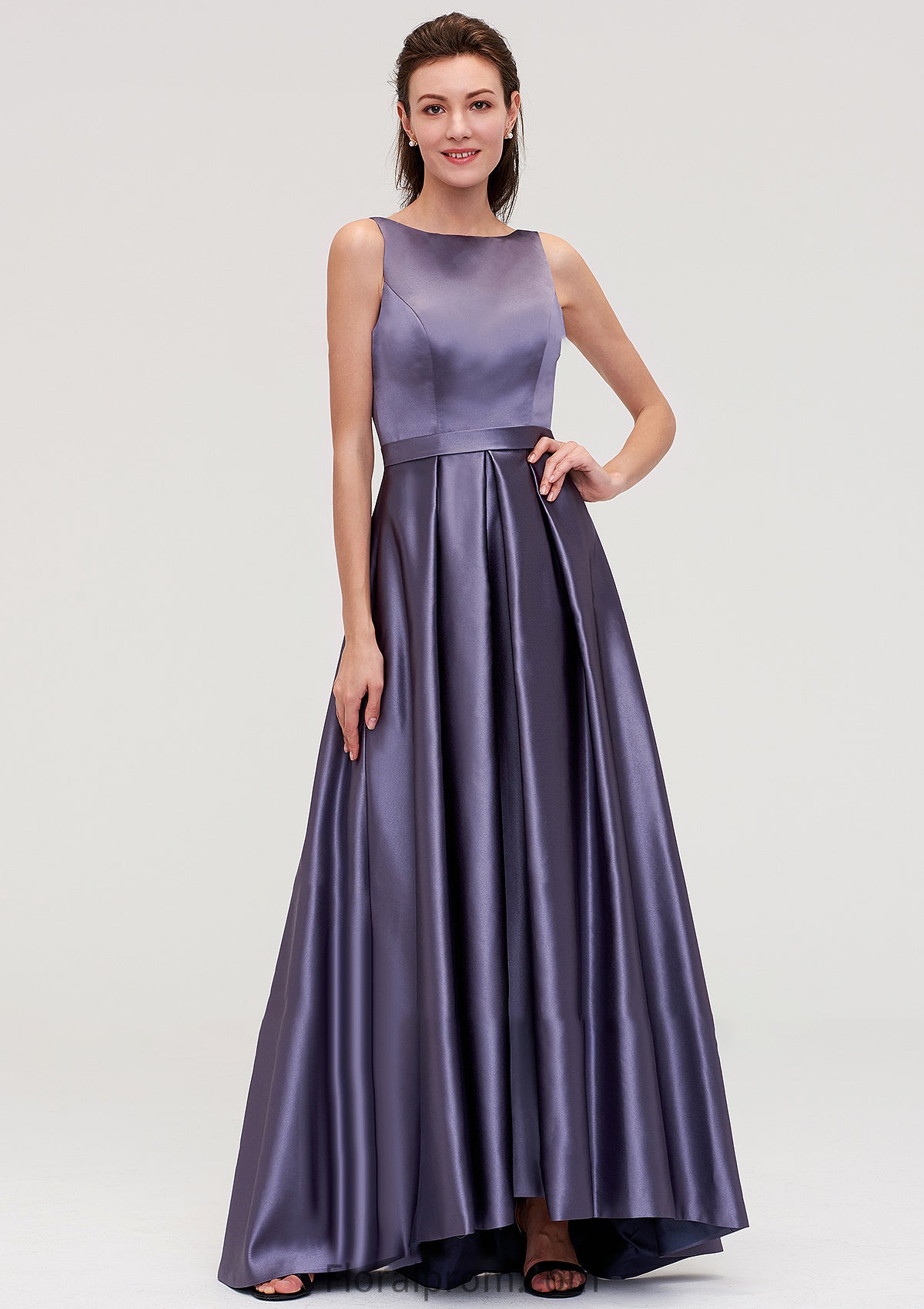 Sleeveless Bateau Ankle-Length Satin A-line/Princess Bridesmaid Dresses With Pleated Princess HJP0025409