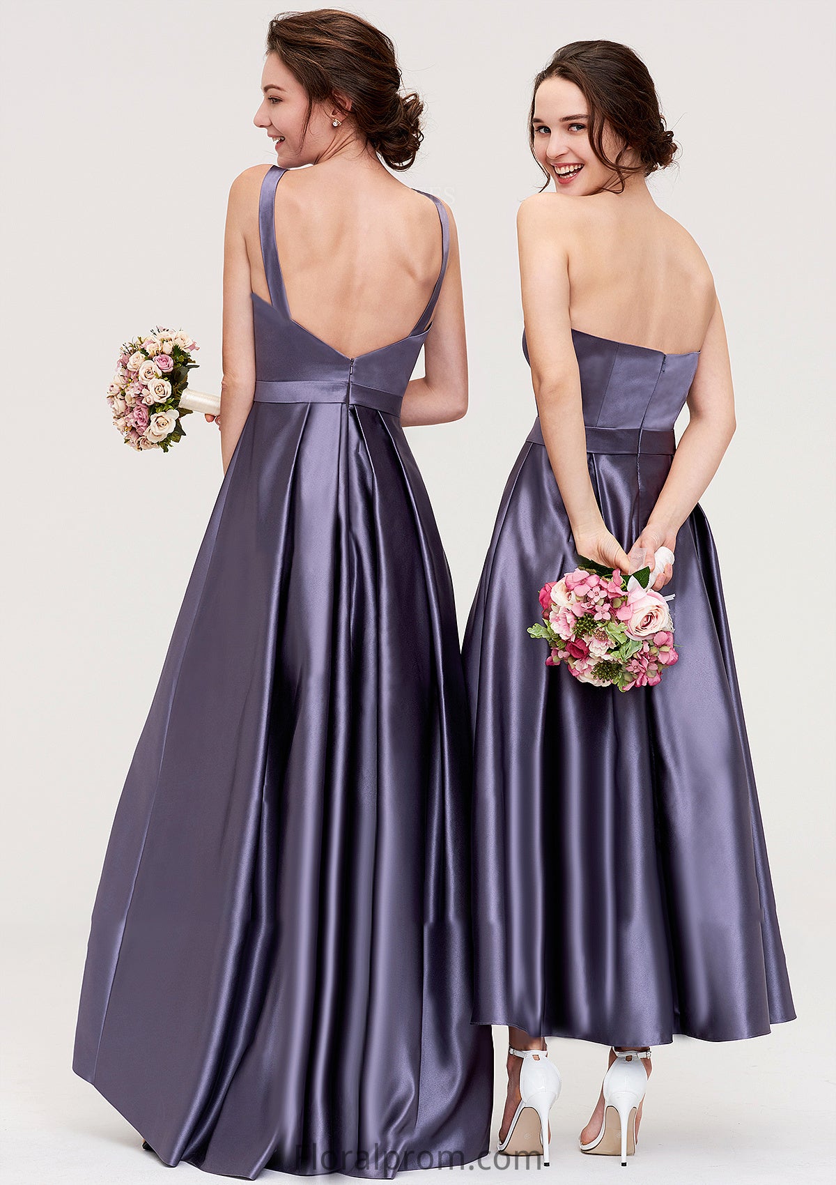 Sleeveless Bateau Ankle-Length Satin A-line/Princess Bridesmaid Dresses With Pleated Princess HJP0025409