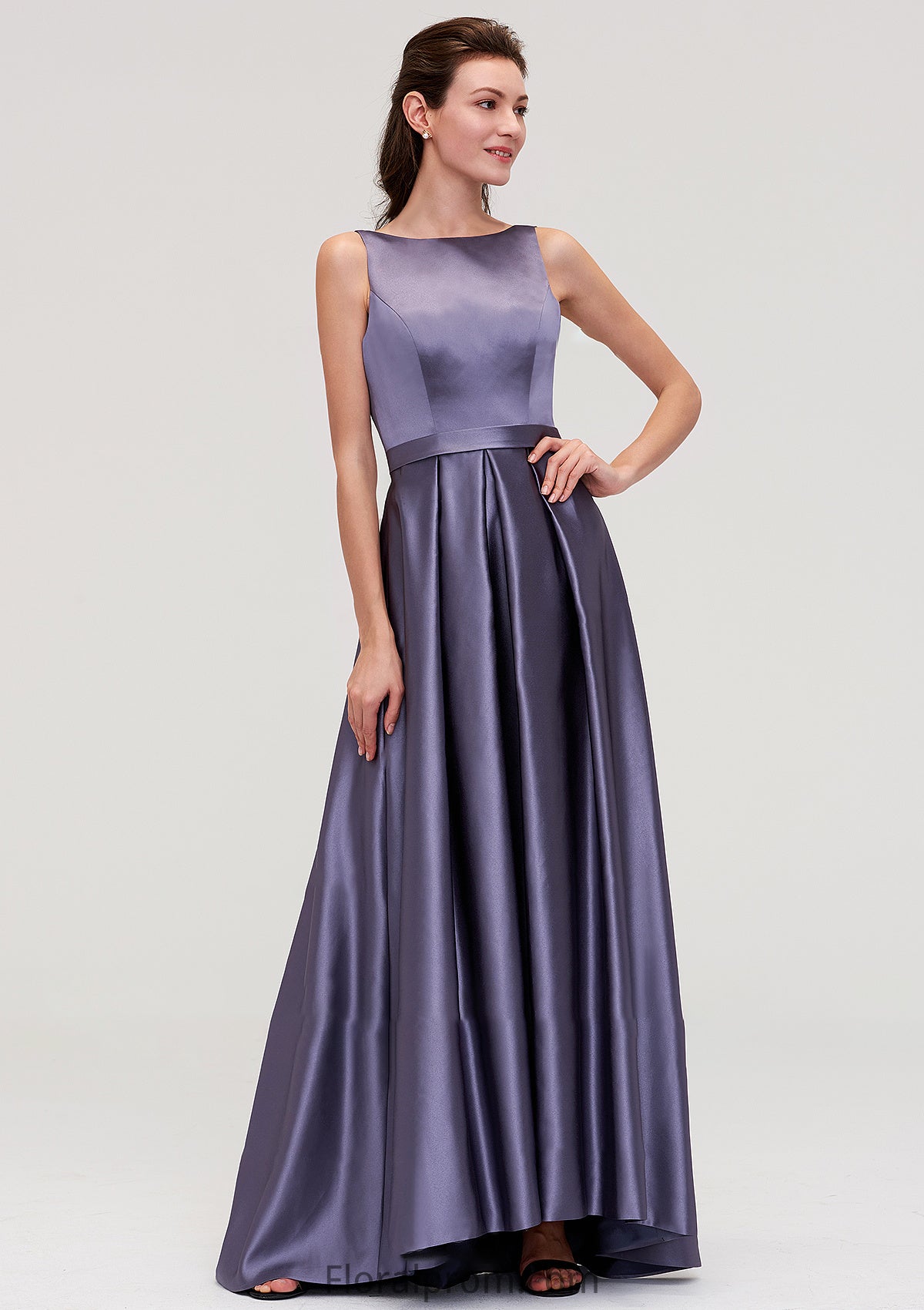 Sleeveless Bateau Ankle-Length Satin A-line/Princess Bridesmaid Dresses With Pleated Princess HJP0025409