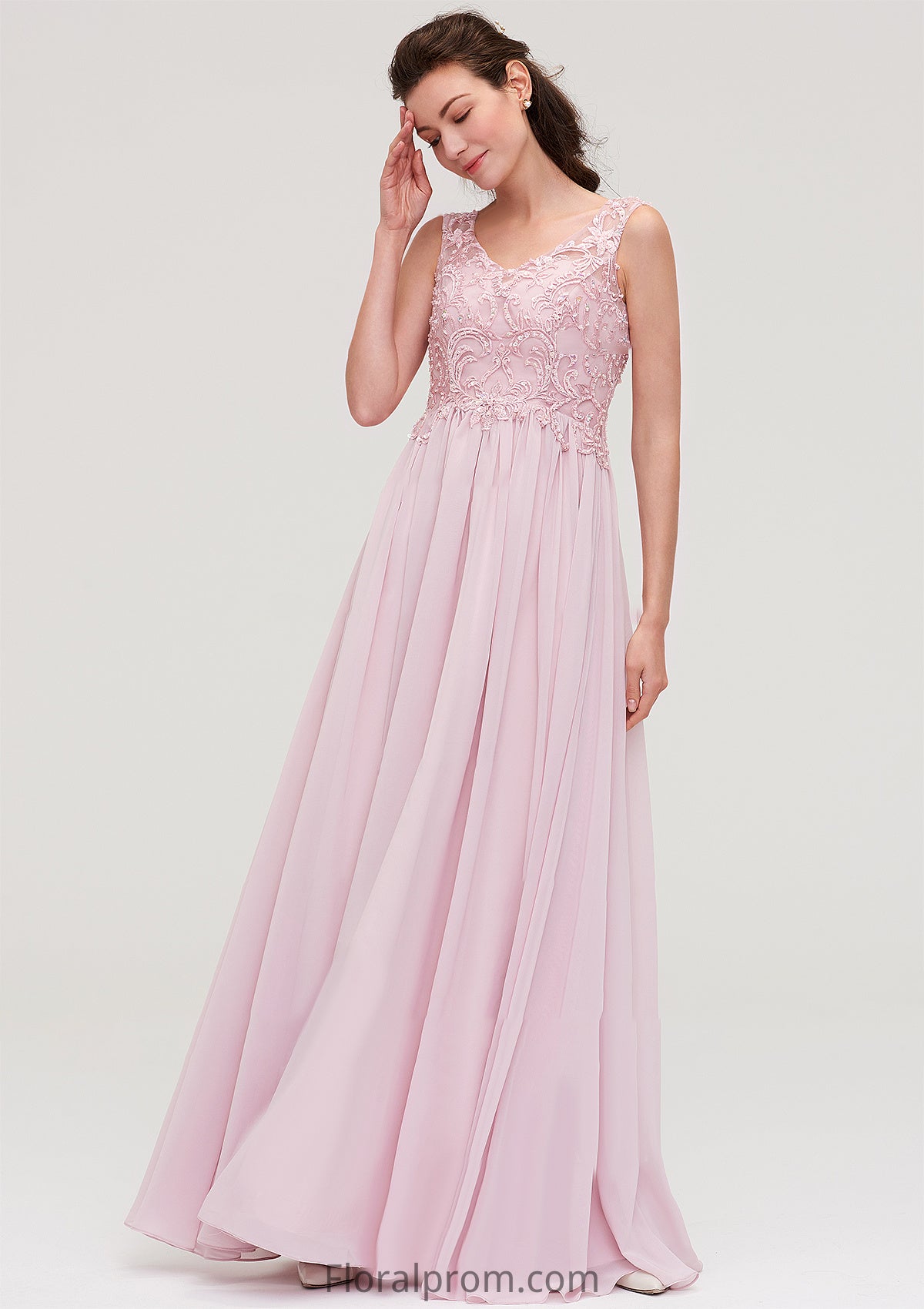 Sleeveless V Neck A-line/Princess Chiffon Long/Floor-Length Bridesmaid Dresseses With Beading Appliqued Lola HJP0025410