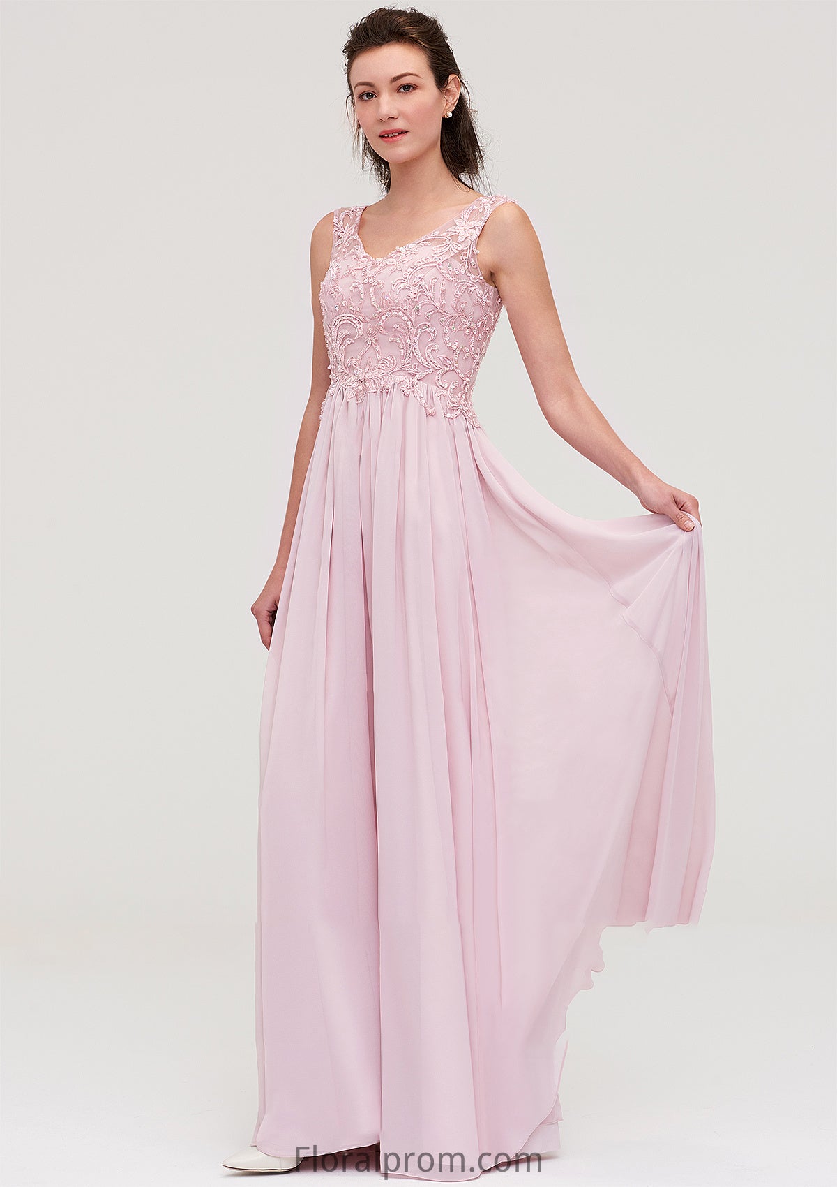 Sleeveless V Neck A-line/Princess Chiffon Long/Floor-Length Bridesmaid Dresseses With Beading Appliqued Lola HJP0025410