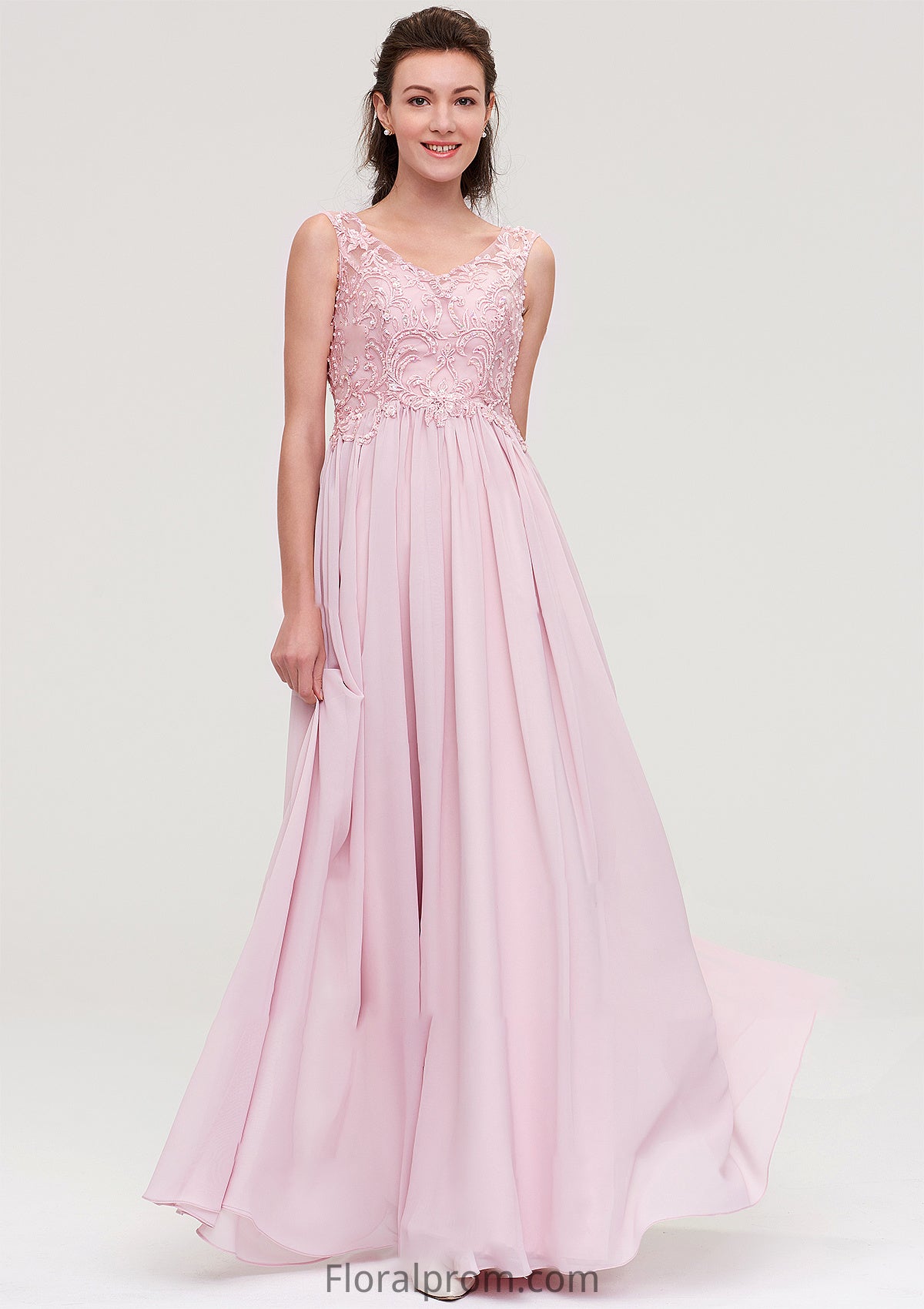 Sleeveless V Neck A-line/Princess Chiffon Long/Floor-Length Bridesmaid Dresseses With Beading Appliqued Lola HJP0025410