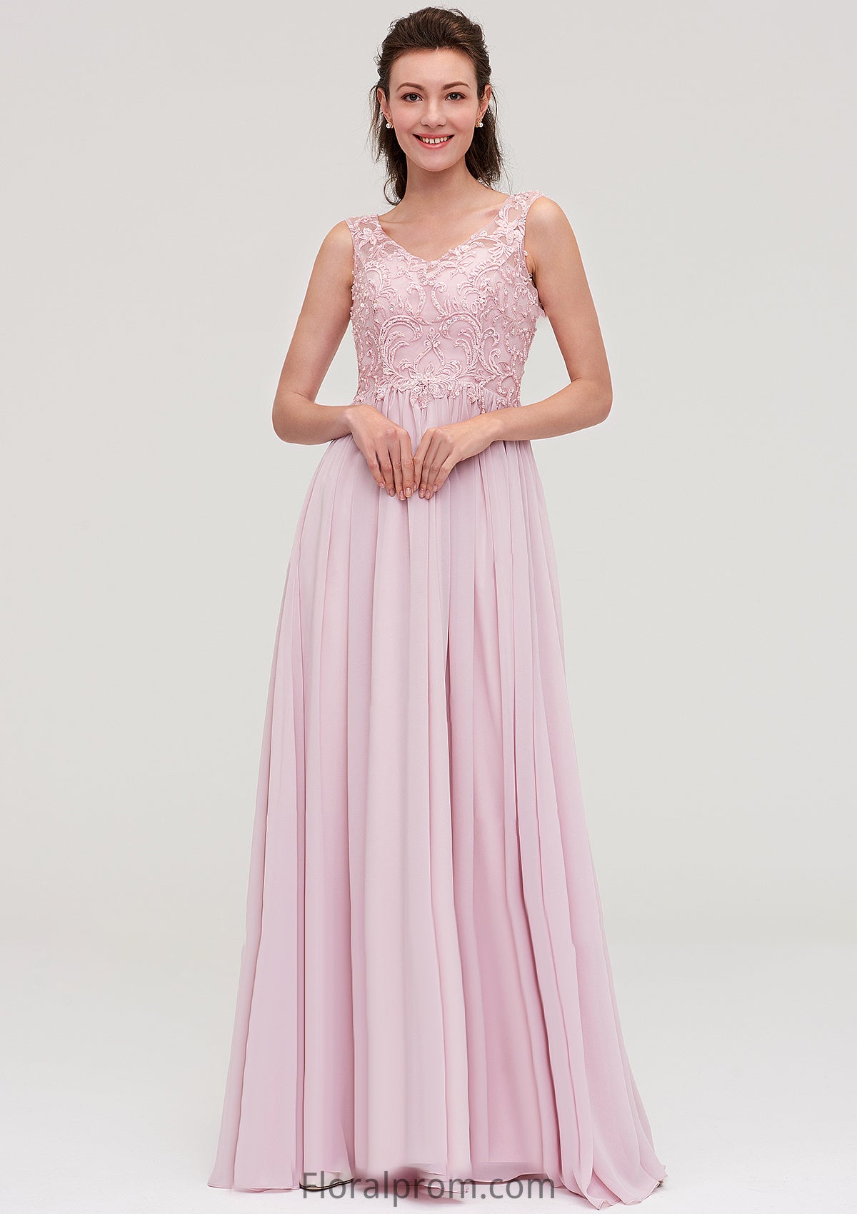 Sleeveless V Neck A-line/Princess Chiffon Long/Floor-Length Bridesmaid Dresseses With Beading Appliqued Lola HJP0025410