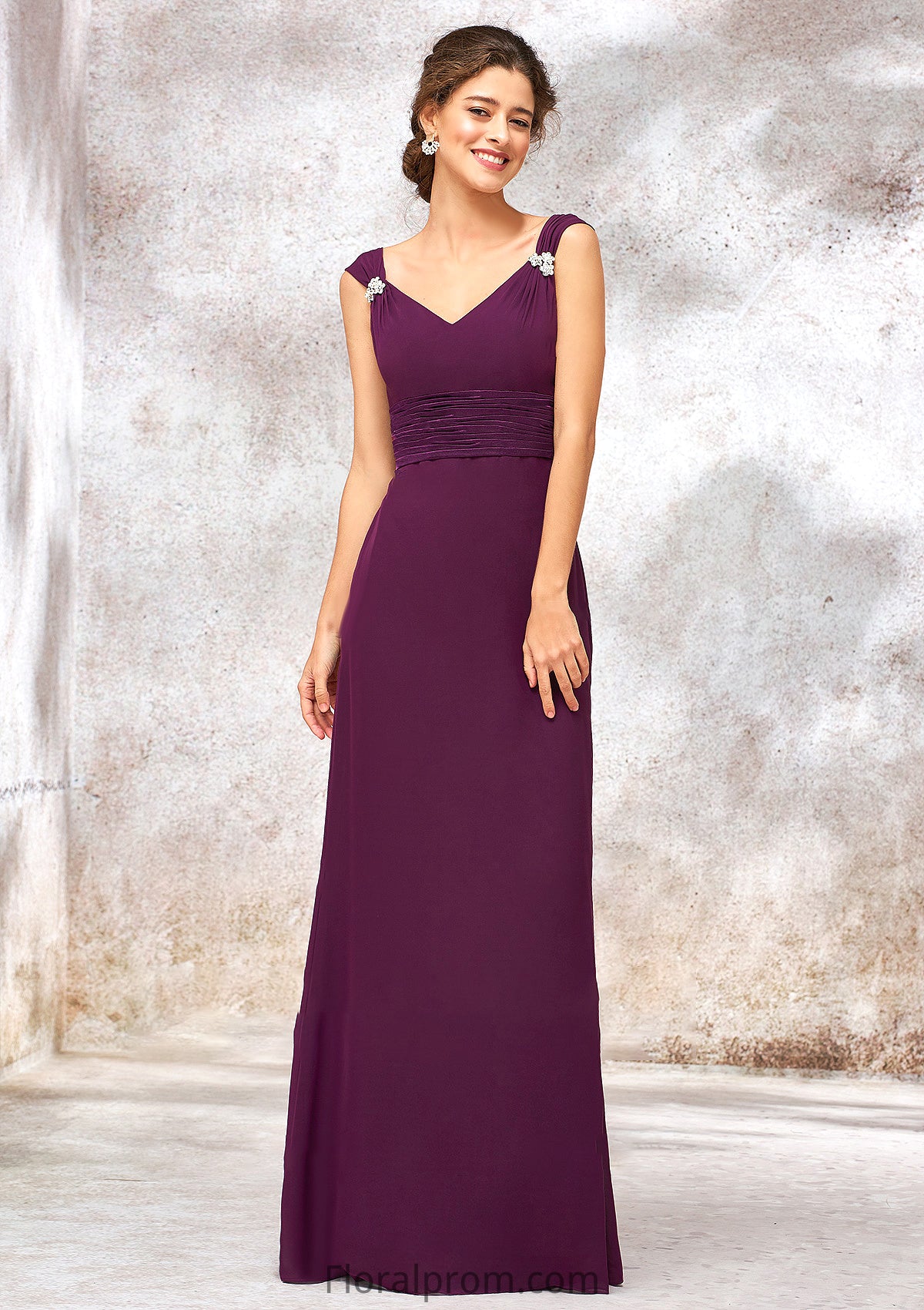 V Neck Sleeveless Long/Floor-Length Sheath/Column Chiffon Bridesmaid Dresses With Sashes Pleated Beading Charlotte HJP0025412