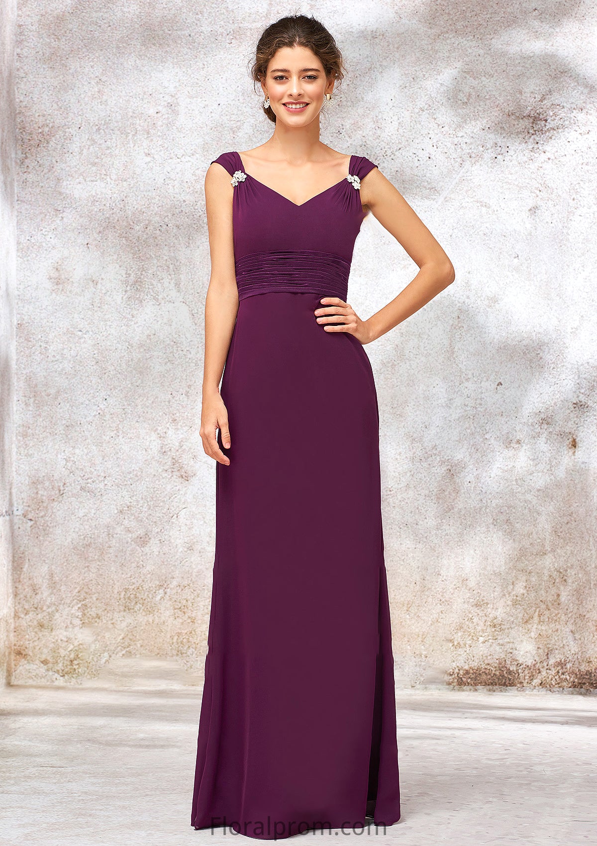 V Neck Sleeveless Long/Floor-Length Sheath/Column Chiffon Bridesmaid Dresses With Sashes Pleated Beading Charlotte HJP0025412