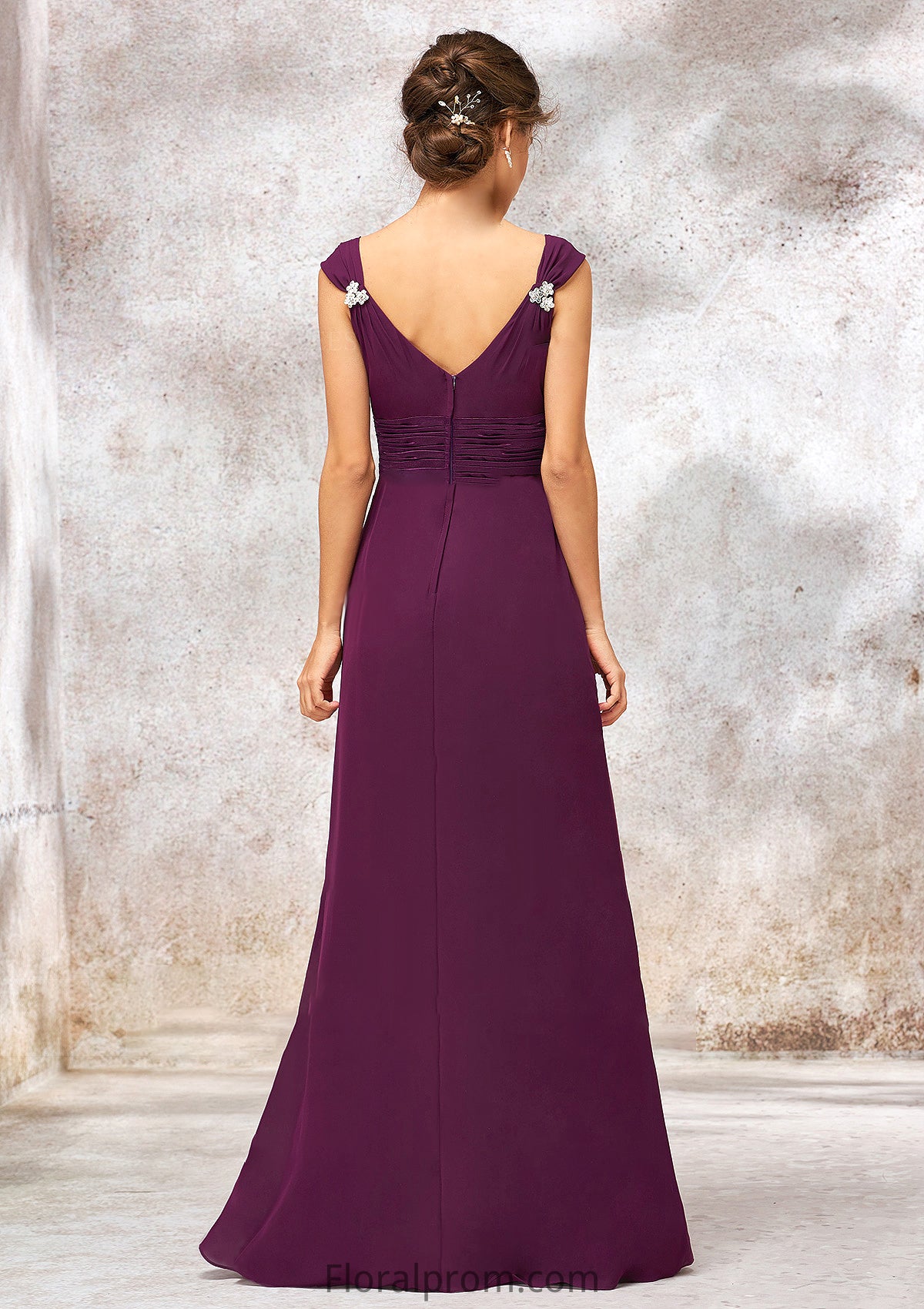 V Neck Sleeveless Long/Floor-Length Sheath/Column Chiffon Bridesmaid Dresses With Sashes Pleated Beading Charlotte HJP0025412