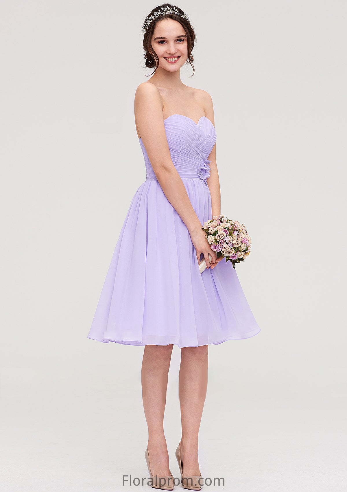 Sleeveless Sweetheart Chiffon Knee-Length A-line/Princess Bridesmaid Dresses With Pleated Flowers Allie HJP0025413