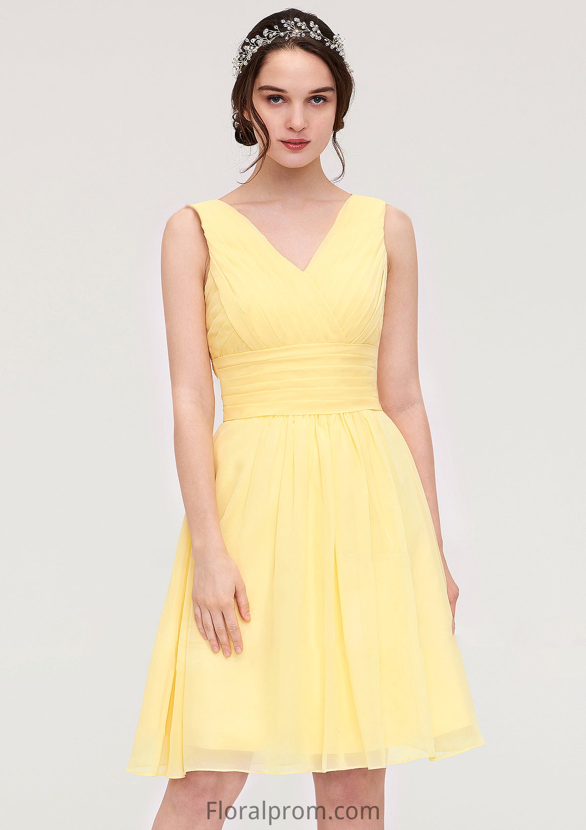 V Neck Sleeveless A-line/Princess Chiffon Knee-Length Bridesmaid Dresses With Pleated Kenley HJP0025414