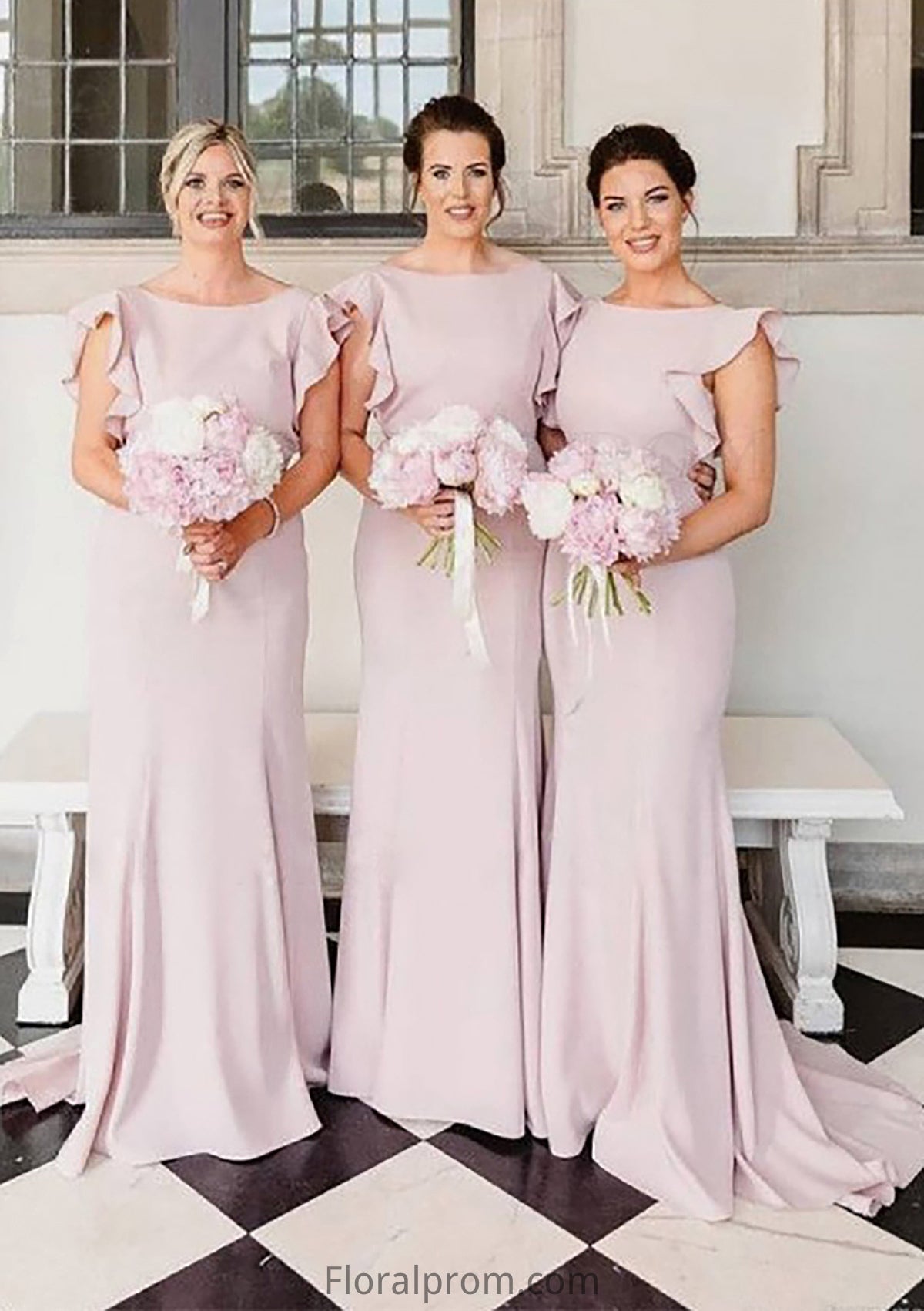 Sheath/Column Scoop Neck Sleeveless Sweep Train Elastic Satin Bridesmaid Dresses With Ruffles Reyna HJP0025415