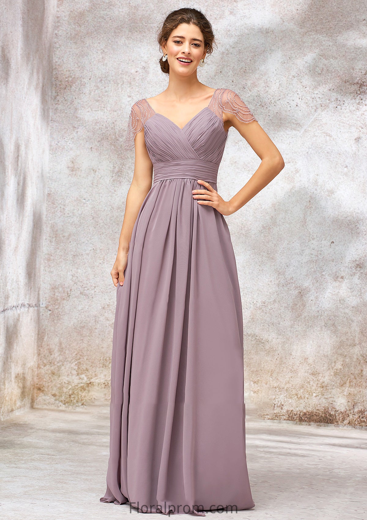 V Neck Long/Floor-Length Chiffon A-line/Princess Bridesmaid Dresses With Pleated Beading Jamiya HJP0025416