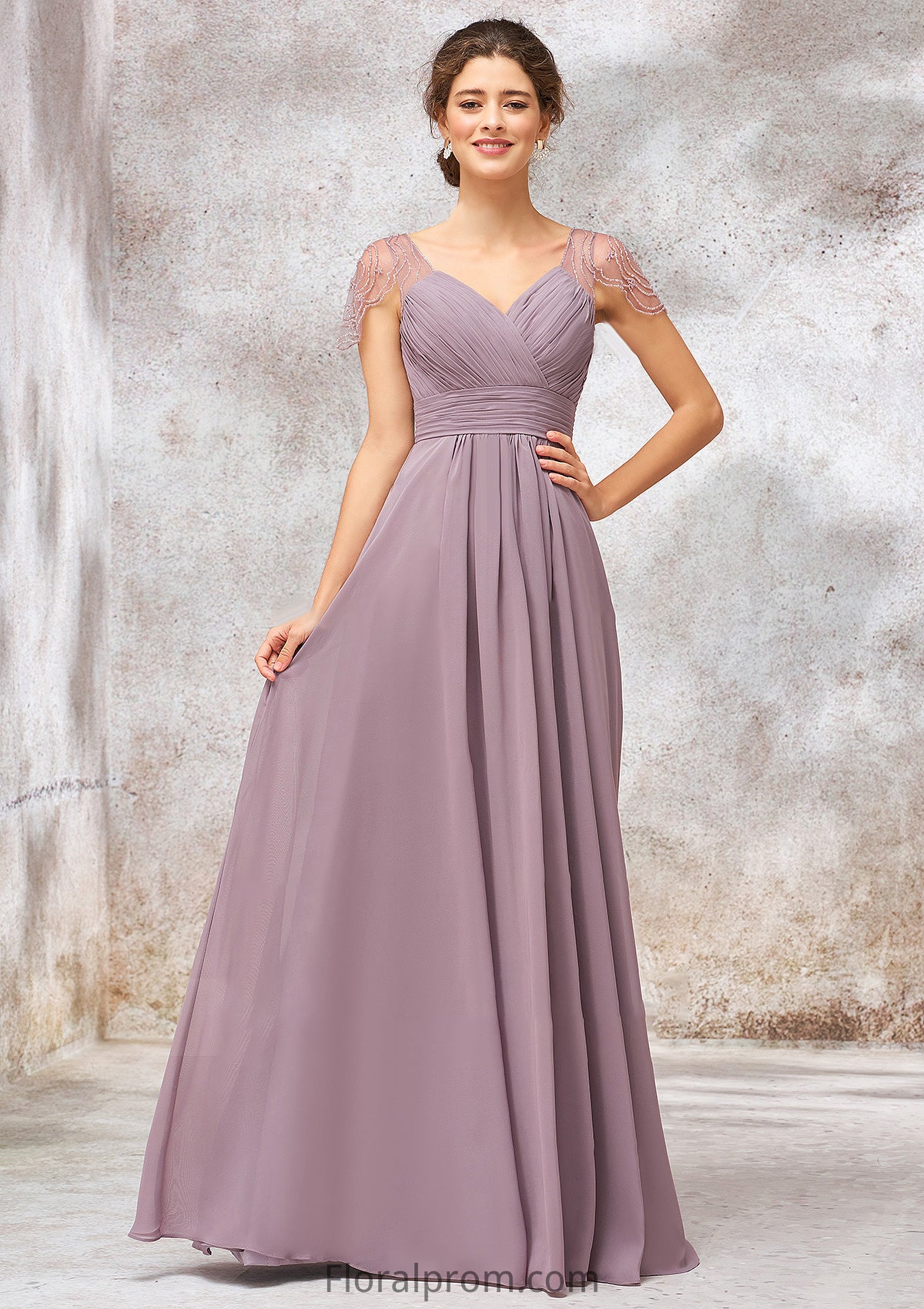 V Neck Long/Floor-Length Chiffon A-line/Princess Bridesmaid Dresses With Pleated Beading Jamiya HJP0025416