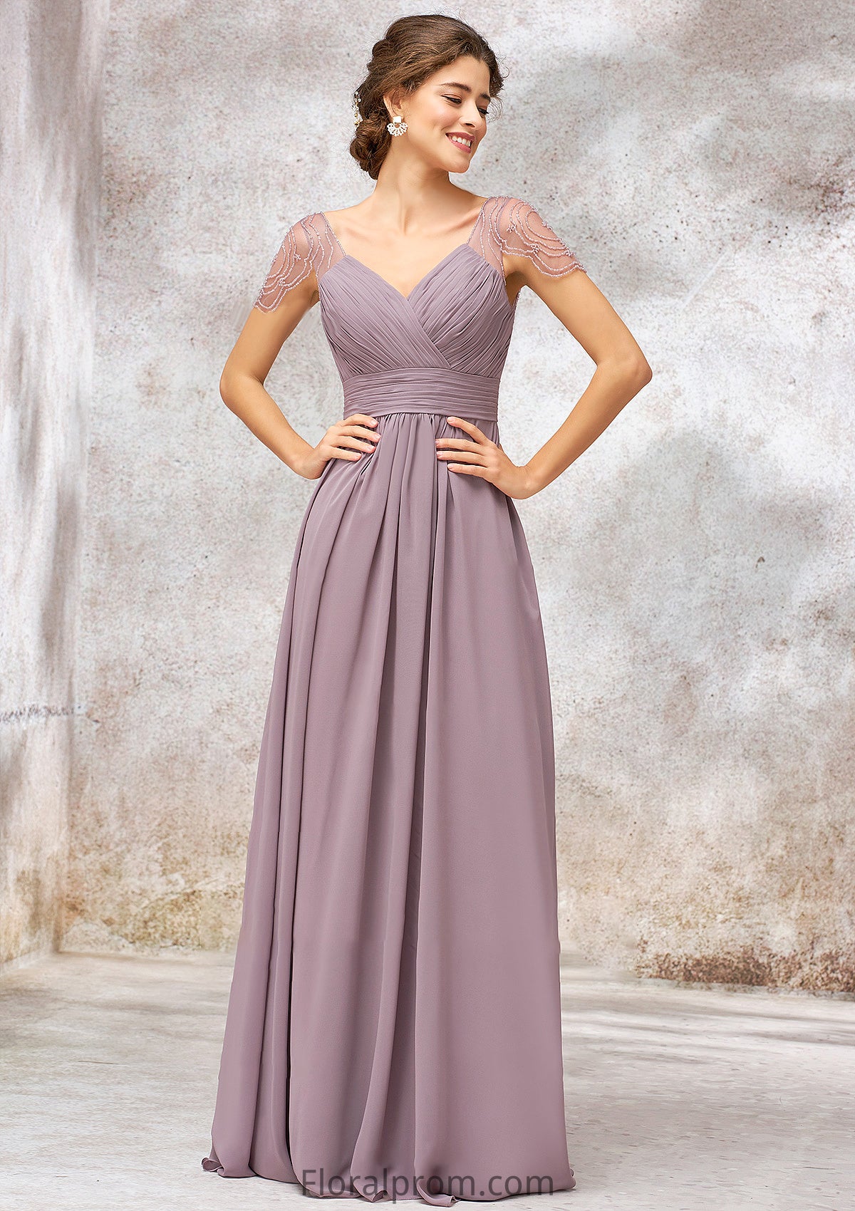 V Neck Long/Floor-Length Chiffon A-line/Princess Bridesmaid Dresses With Pleated Beading Jamiya HJP0025416