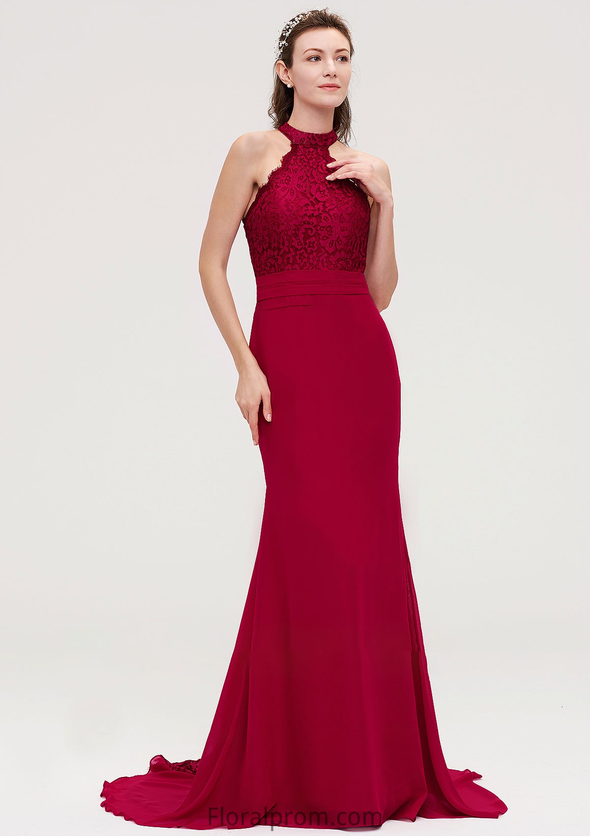 Sleeveless Scoop Neck Court Train Trumpet/Mermaid Chiffon Bridesmaid Dresseses With Lace Kylie HJP0025417