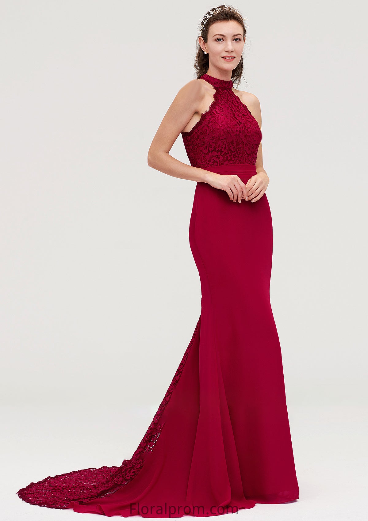 Sleeveless Scoop Neck Court Train Trumpet/Mermaid Chiffon Bridesmaid Dresseses With Lace Kylie HJP0025417