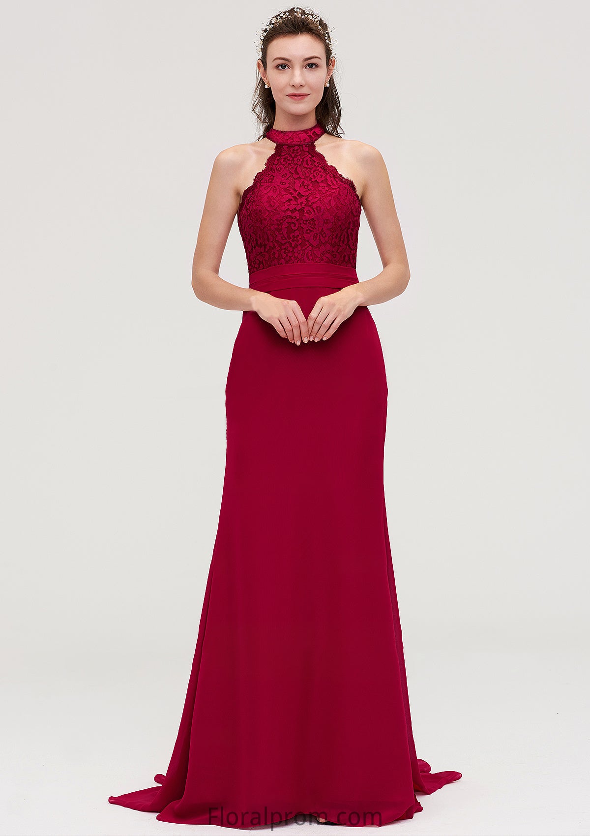 Sleeveless Scoop Neck Court Train Trumpet/Mermaid Chiffon Bridesmaid Dresseses With Lace Kylie HJP0025417