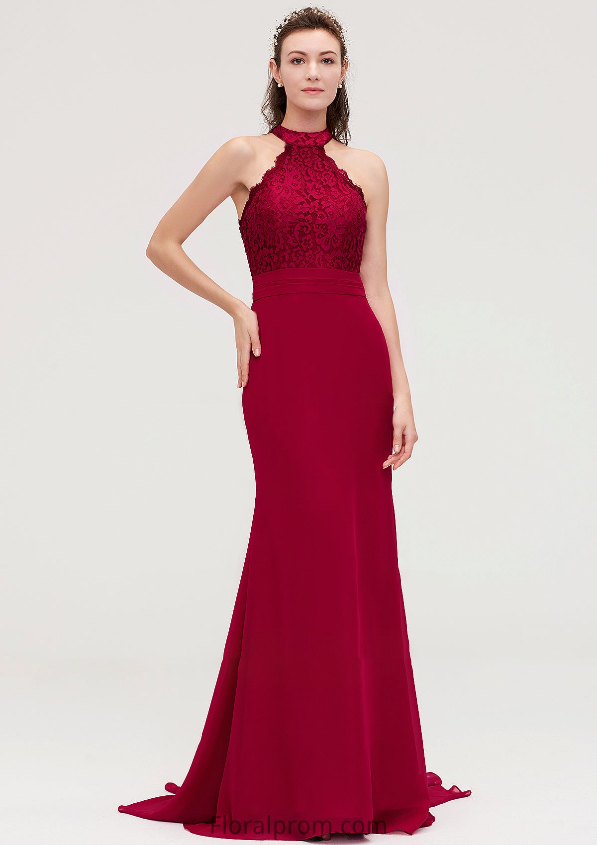 Sleeveless Scoop Neck Court Train Trumpet/Mermaid Chiffon Bridesmaid Dresseses With Lace Kylie HJP0025417