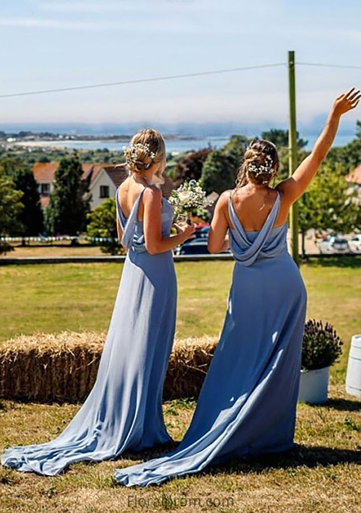 A-line V Neck Sleeveless Court Train Chiffon Bridesmaid Dresses With Pleated Annalise HJP0025419