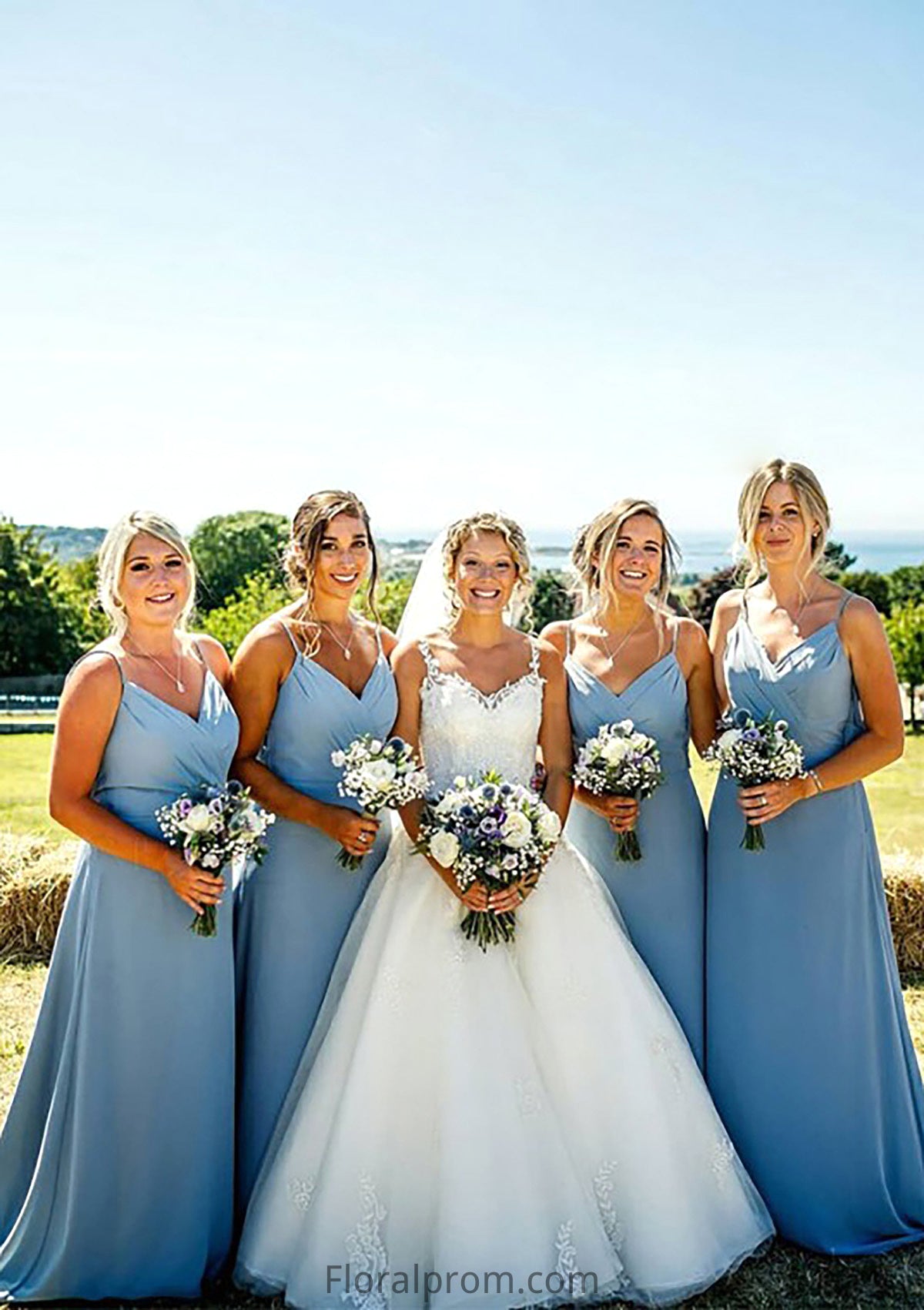 A-line V Neck Sleeveless Court Train Chiffon Bridesmaid Dresses With Pleated Annalise HJP0025419