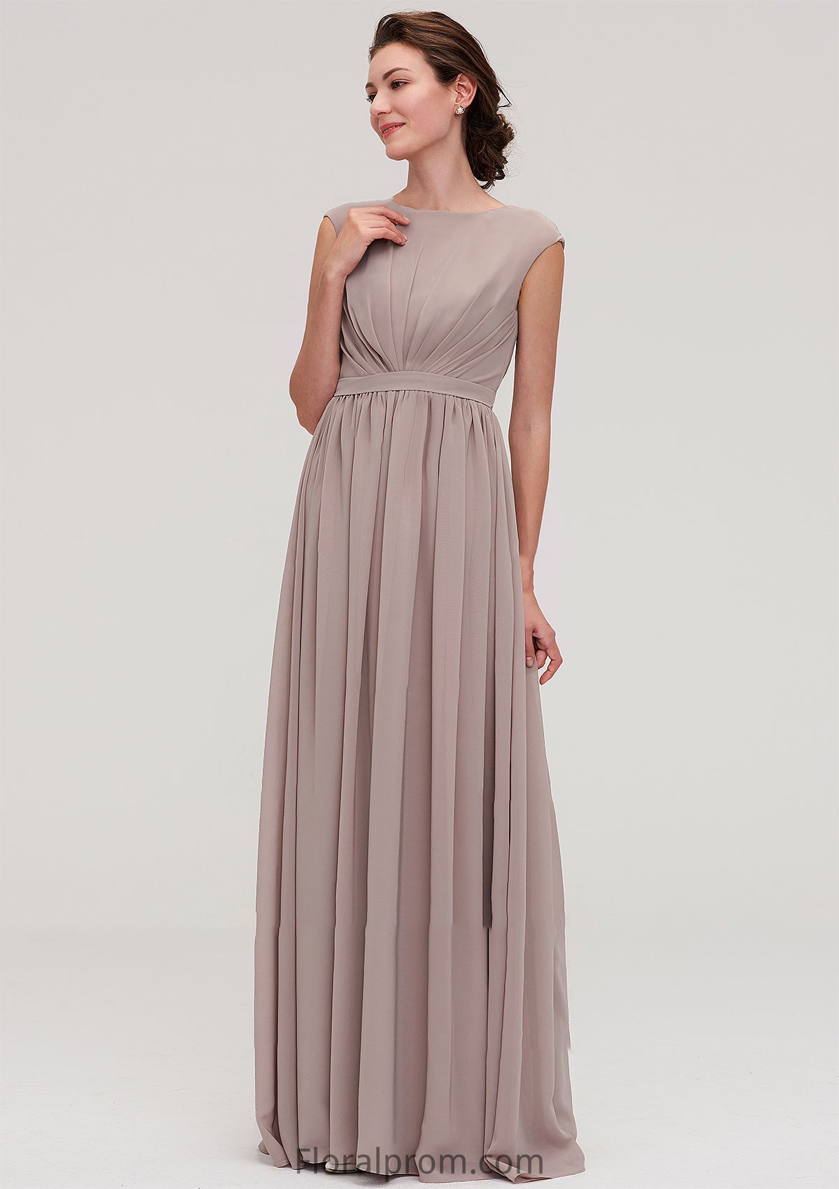 Bateau Sleeveless A-line/Princess Chiffon Long/Floor-Length Bridesmaid Dresses With Pleated Kianna HJP0025420