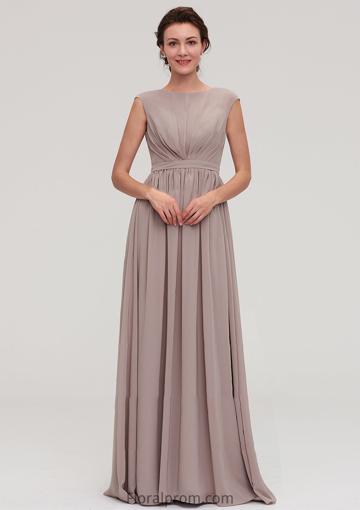 Bateau Sleeveless A-line/Princess Chiffon Long/Floor-Length Bridesmaid Dresses With Pleated Kianna HJP0025420