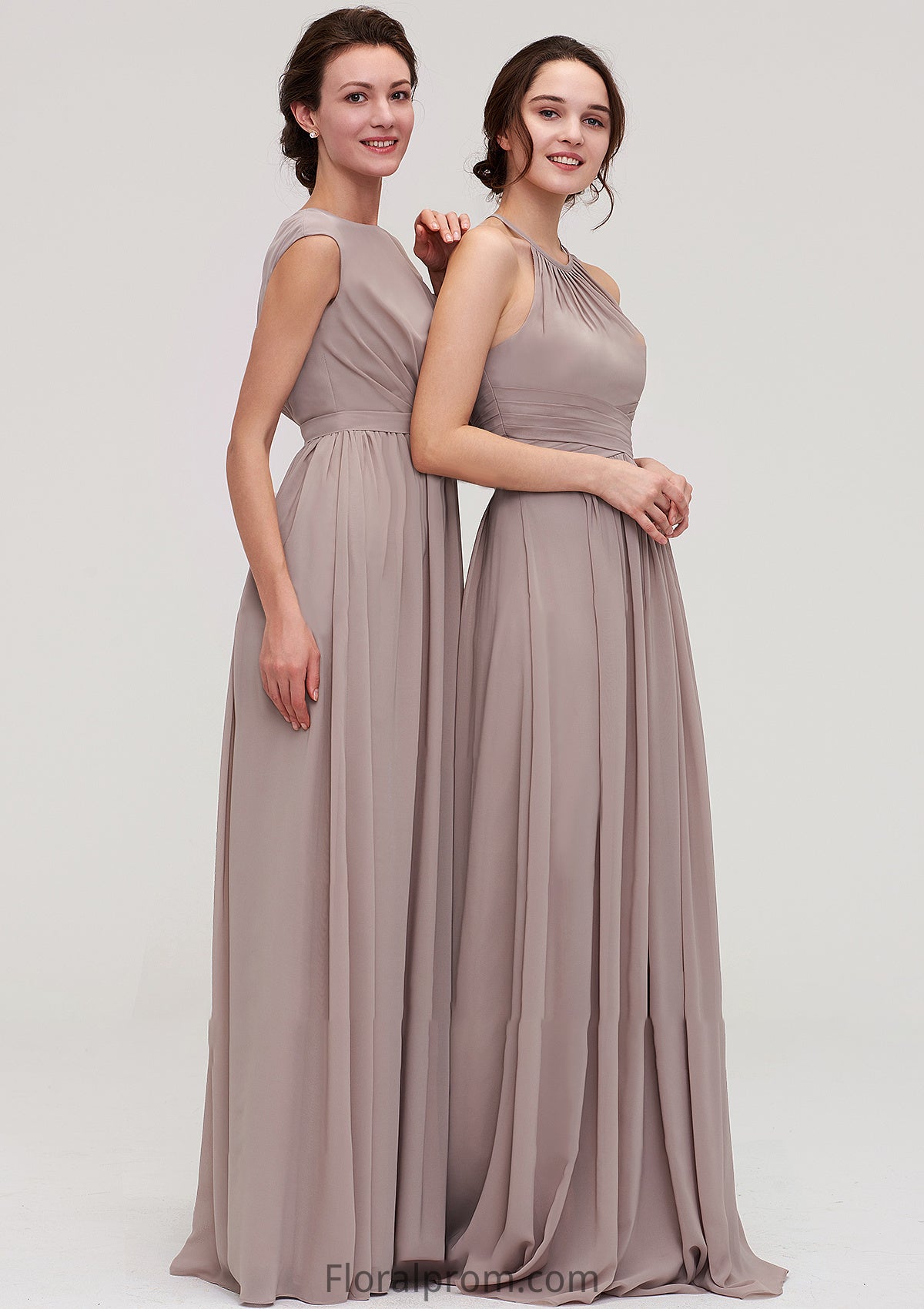 Bateau Sleeveless A-line/Princess Chiffon Long/Floor-Length Bridesmaid Dresses With Pleated Kianna HJP0025420