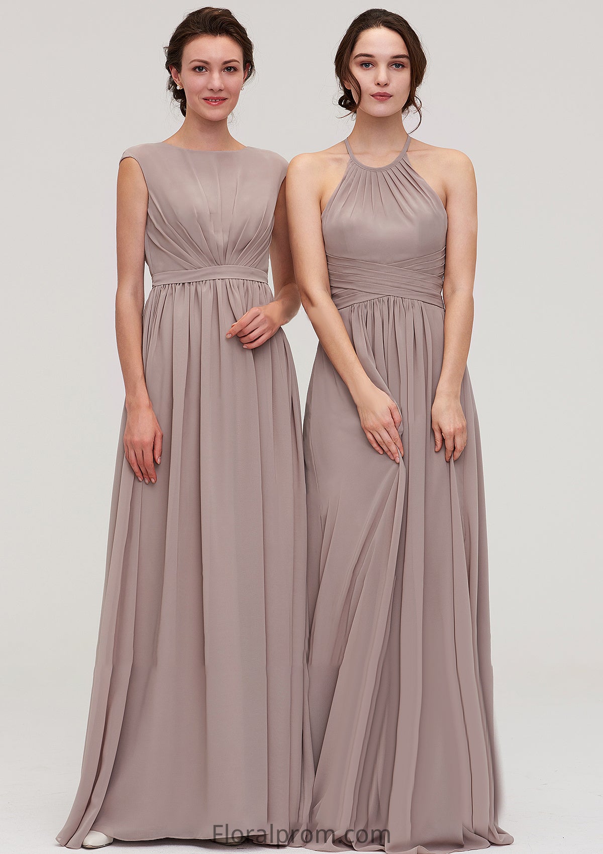 Bateau Sleeveless A-line/Princess Chiffon Long/Floor-Length Bridesmaid Dresses With Pleated Kianna HJP0025420