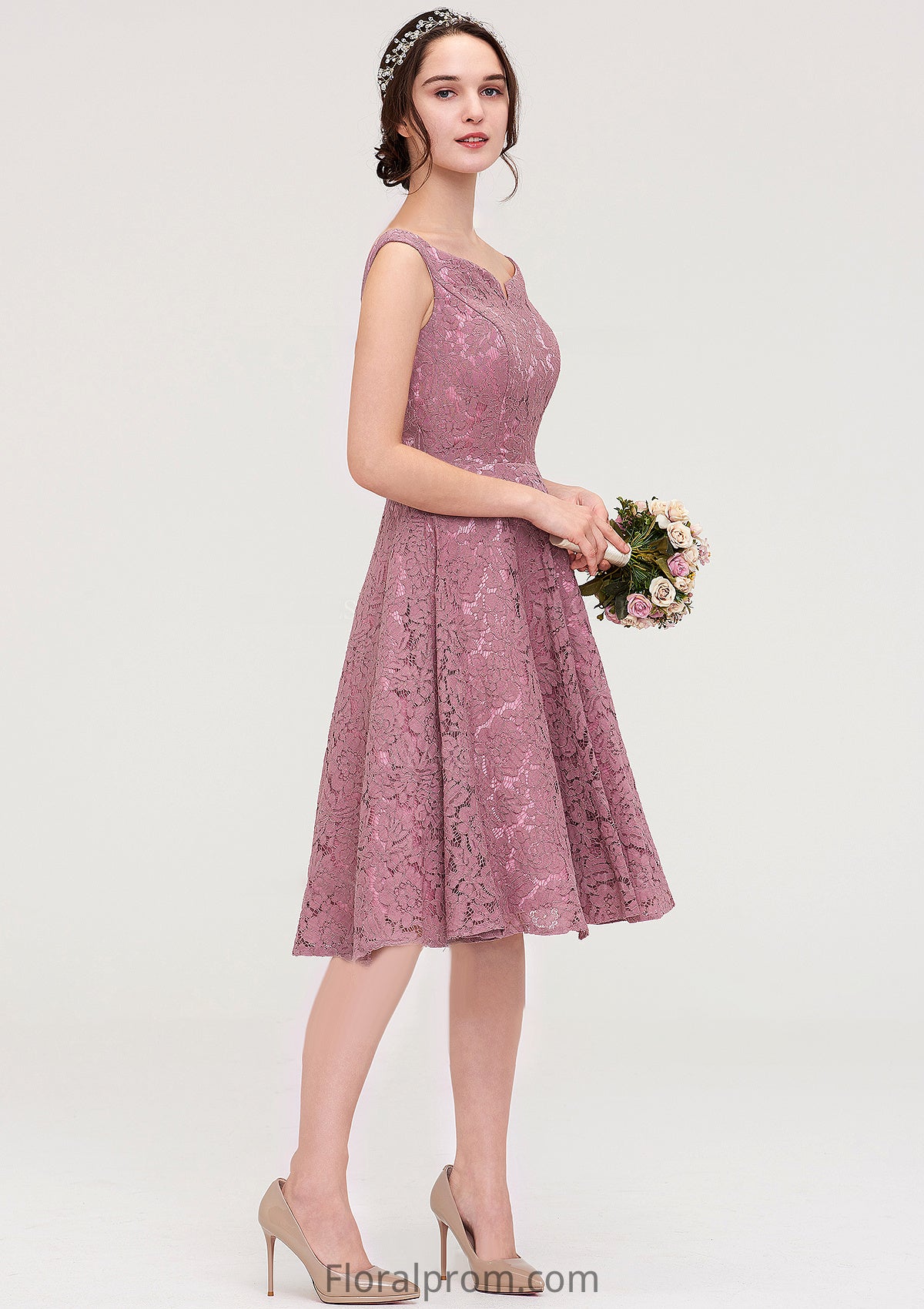 Sweetheart Sleeveless A-line/Princess Lace Knee-Length Bridesmaid Dresses Macie HJP0025421