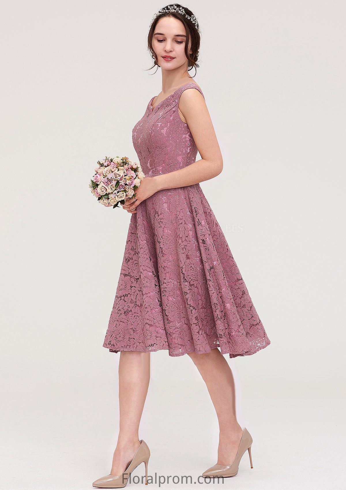 Sweetheart Sleeveless A-line/Princess Lace Knee-Length Bridesmaid Dresses Macie HJP0025421